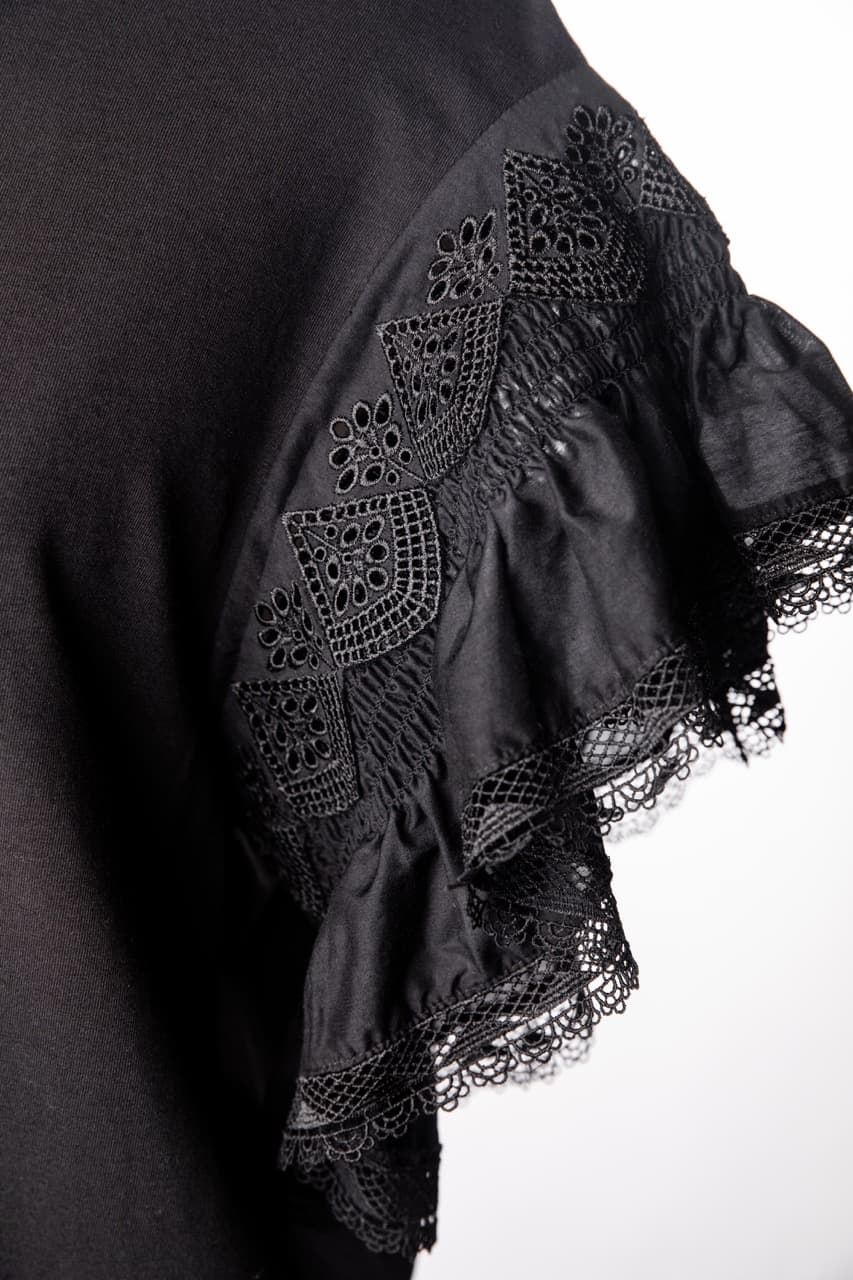 Kobi Halperin Black Embroidered Ruffle Sleeve Cotton Knit Top