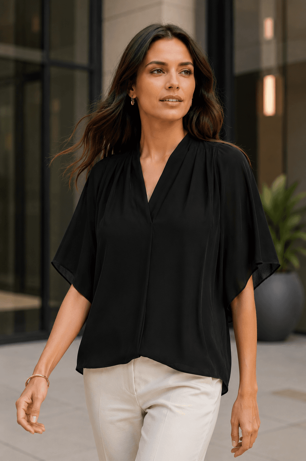 Kobi Halperin Black Silk Pleated Cape Sleeve Blouse