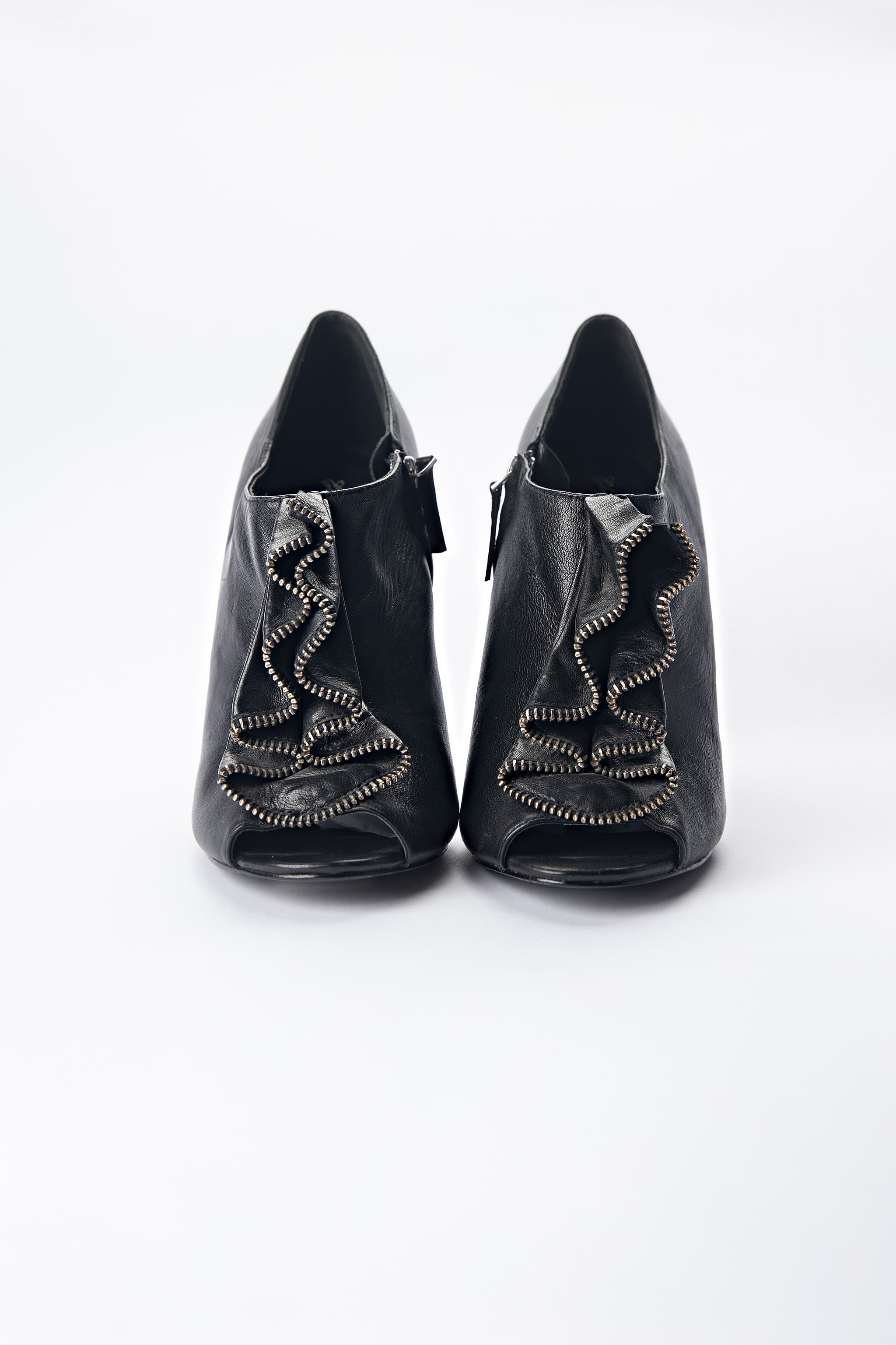 Elizabeth and James Black Leather Ruffle Peep-Toe Booties