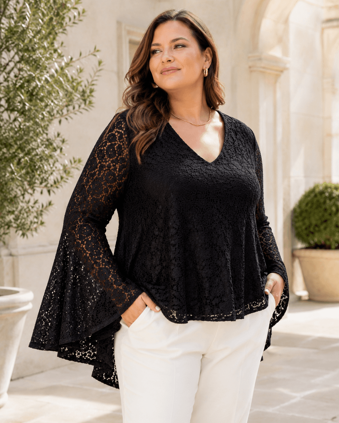 Catherine Malandrino Black Floral Lace Bell Sleeve Blouse- New with Tags