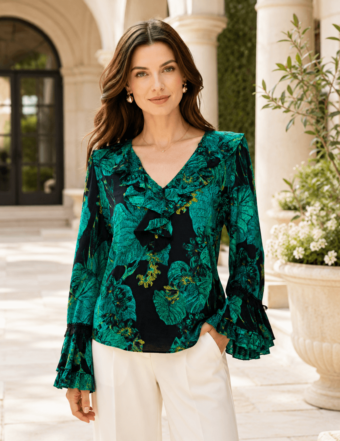 Kobi Halperin Dahlia Silk Ruffle Blouse in Emerald Noir Botanical