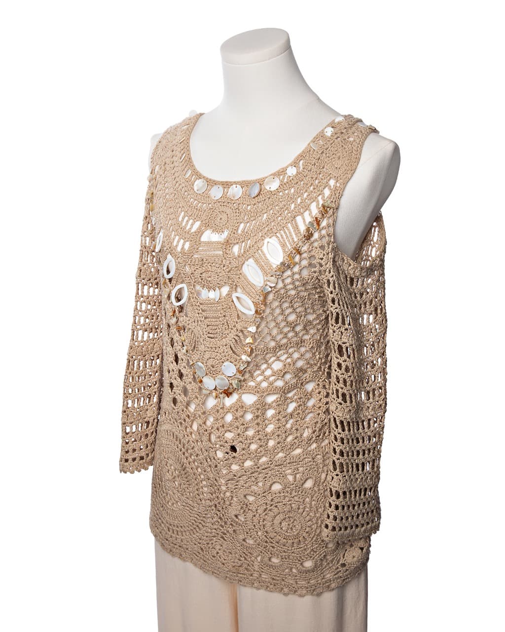 Dolce Cabo Shell Embellished Crochet Resort Top in Sand Pearl