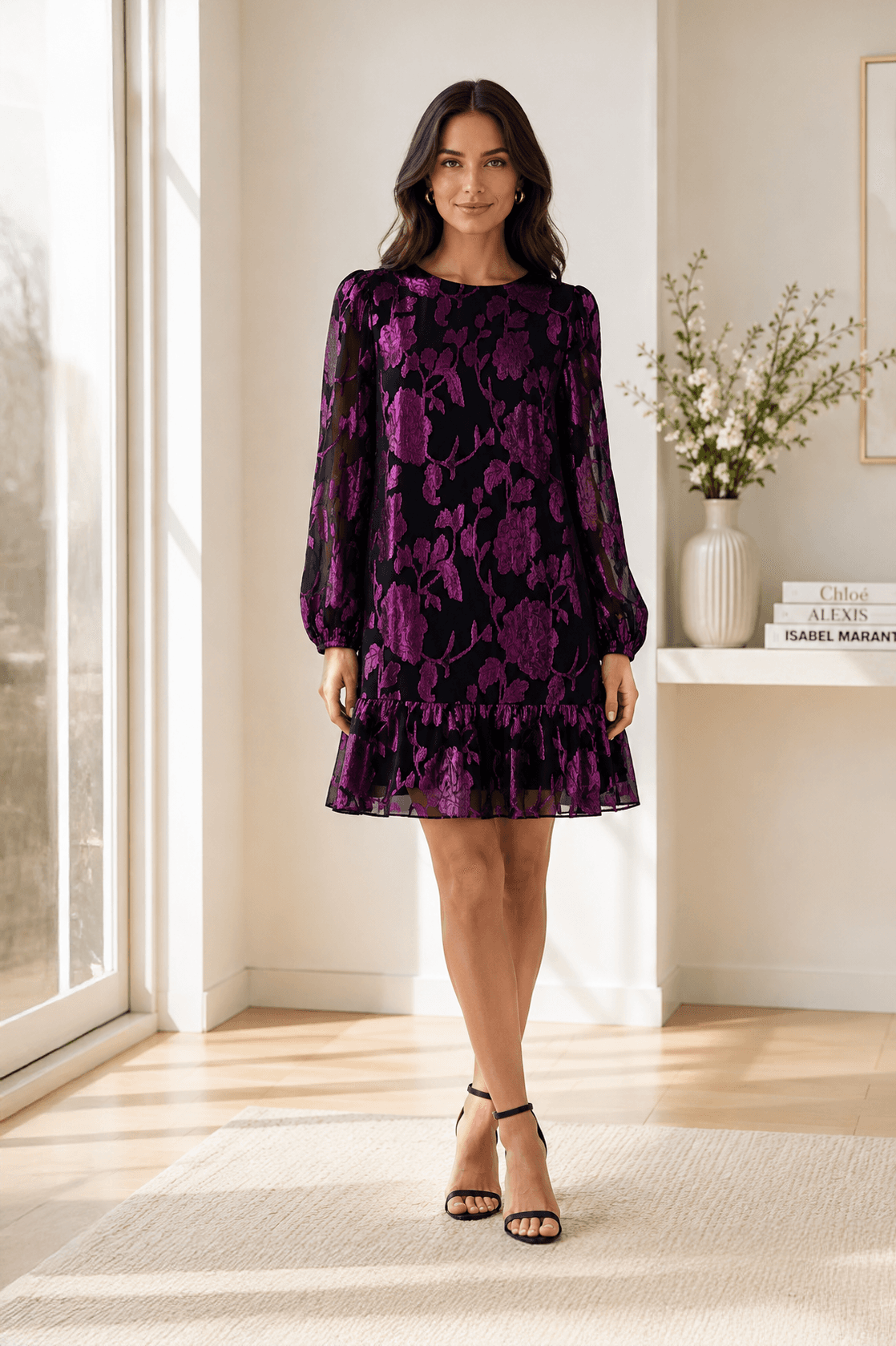 Milly Metallic Floral Chiffon Shift Dress