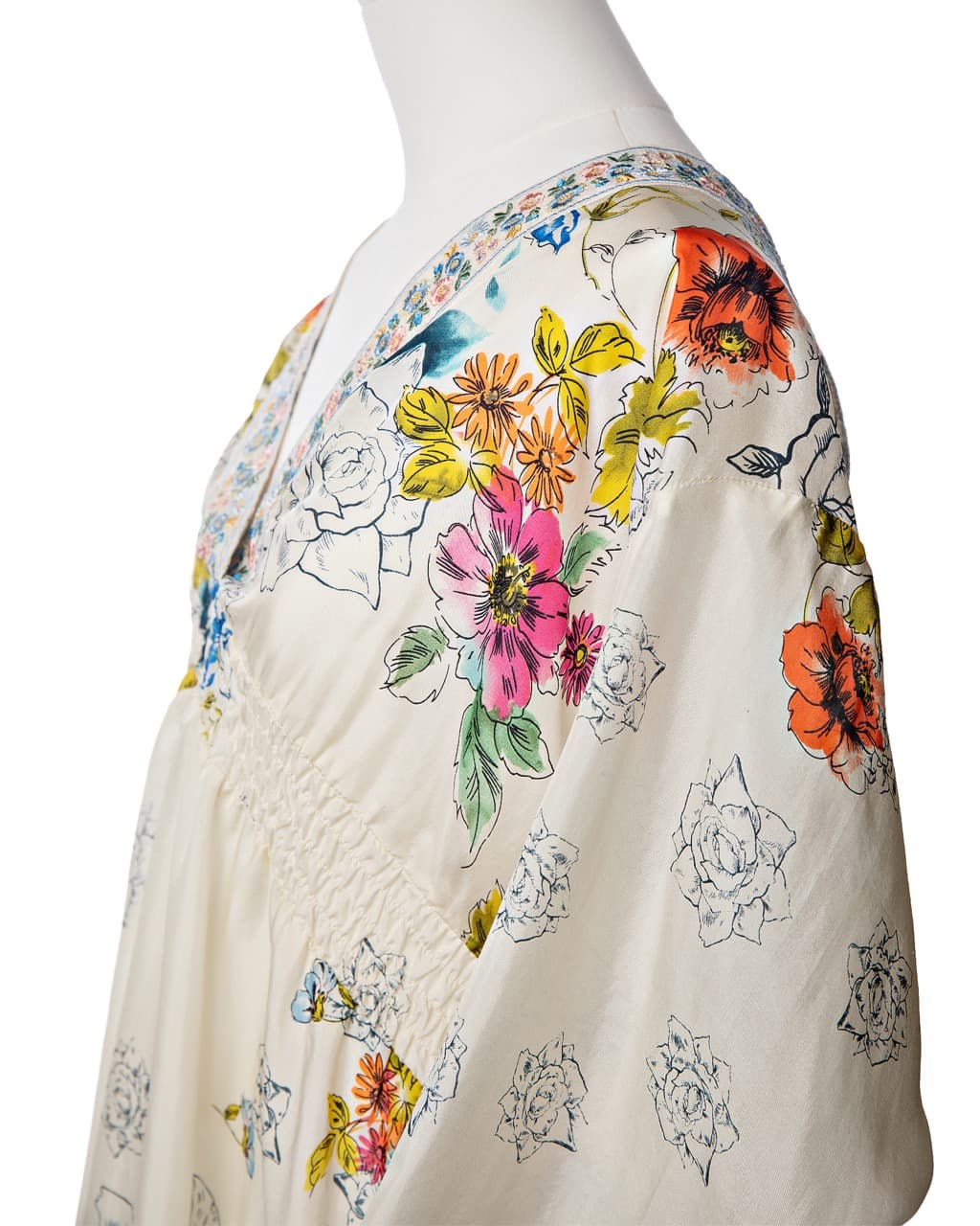 Johnny Was Silk Floral Embroidered V-Neck Tunic Blouse