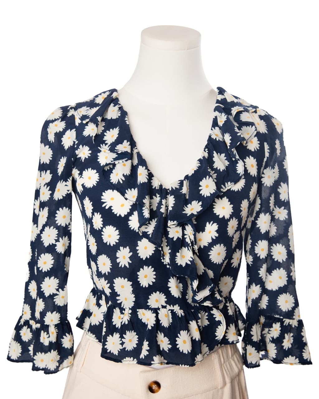 Réalisation Par Navy Daisy Print Silk Ruffle Wrap Blouse