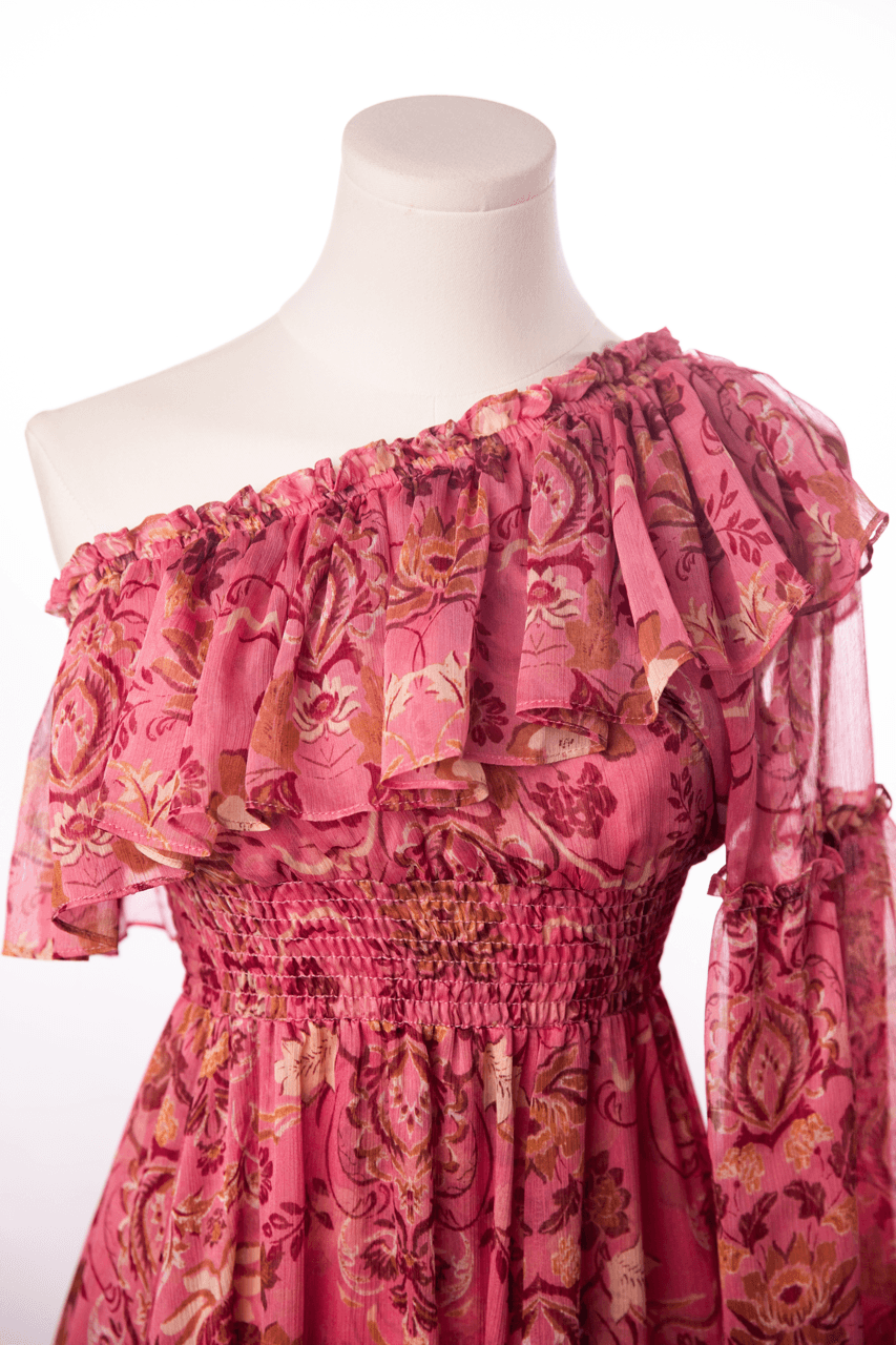 MISA Los Angeles Rumi Pink Floral One-Shoulder Ruffle Maxi Dress