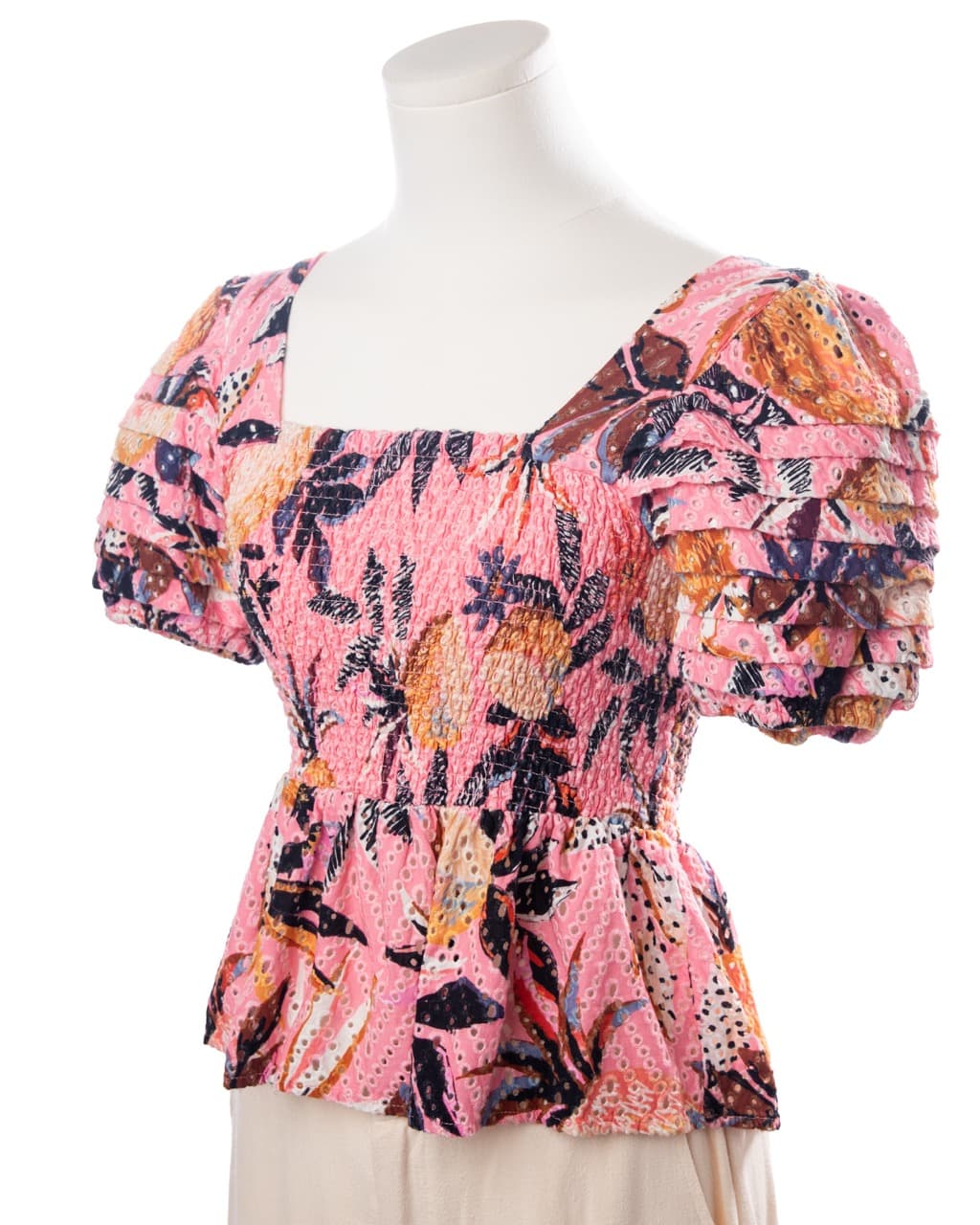 Farm Rio Pink Tropical Smocked Peplum Top