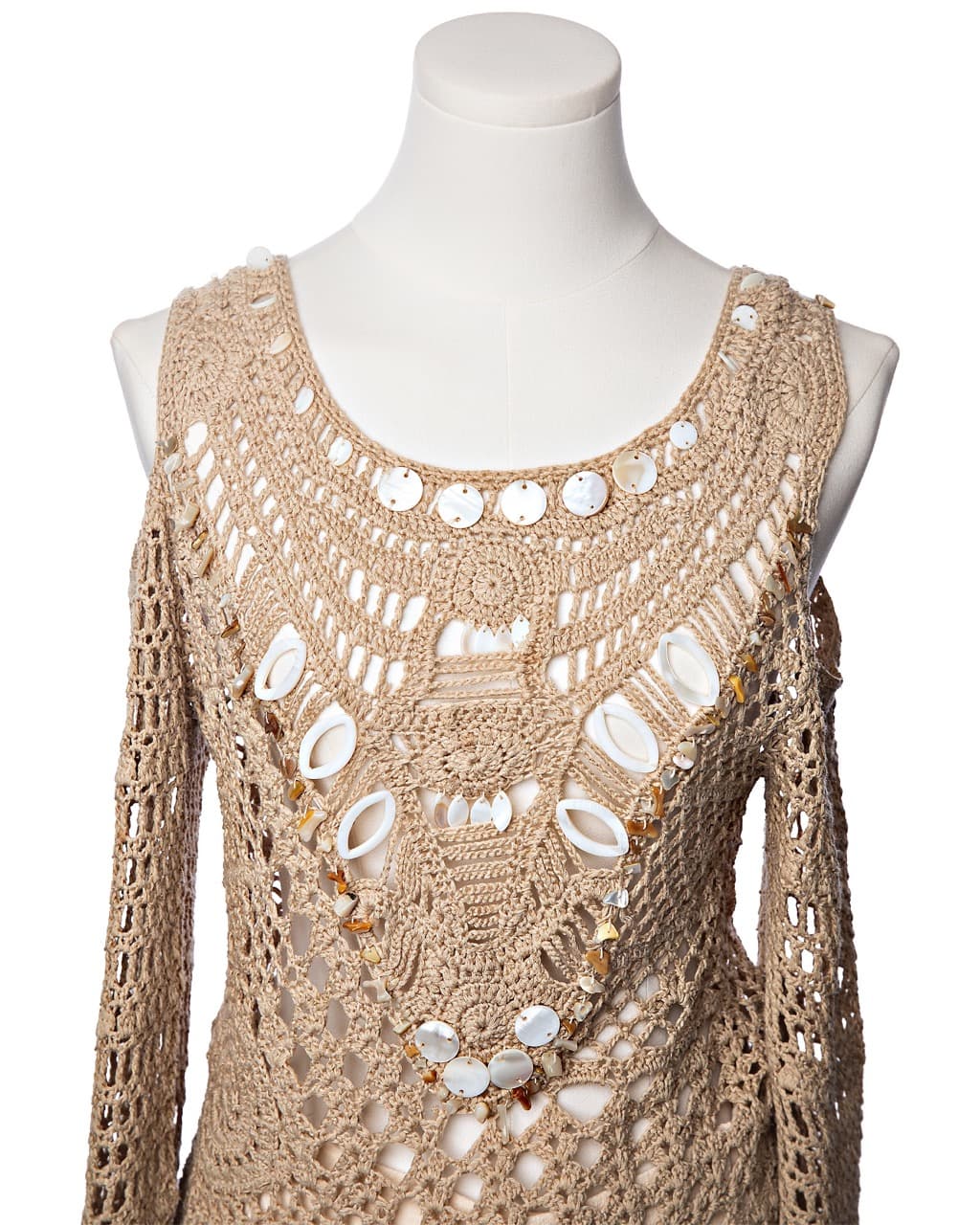 Dolce Cabo Shell Embellished Crochet Resort Top in Sand Pearl