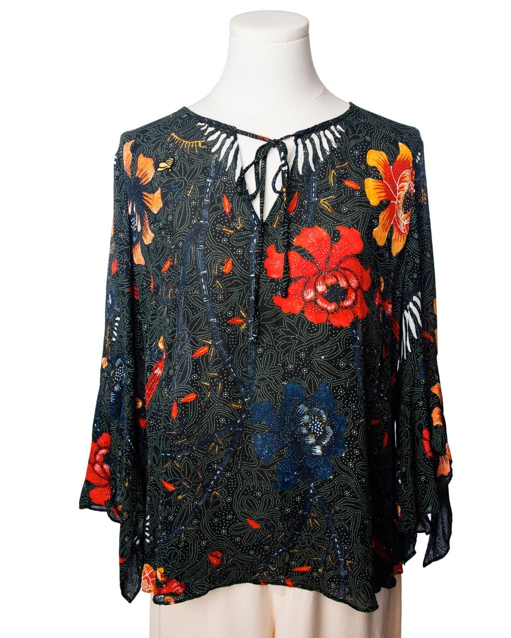 Kobi Halperin Silk Floral & Bee Print Tie-Neck Blouse