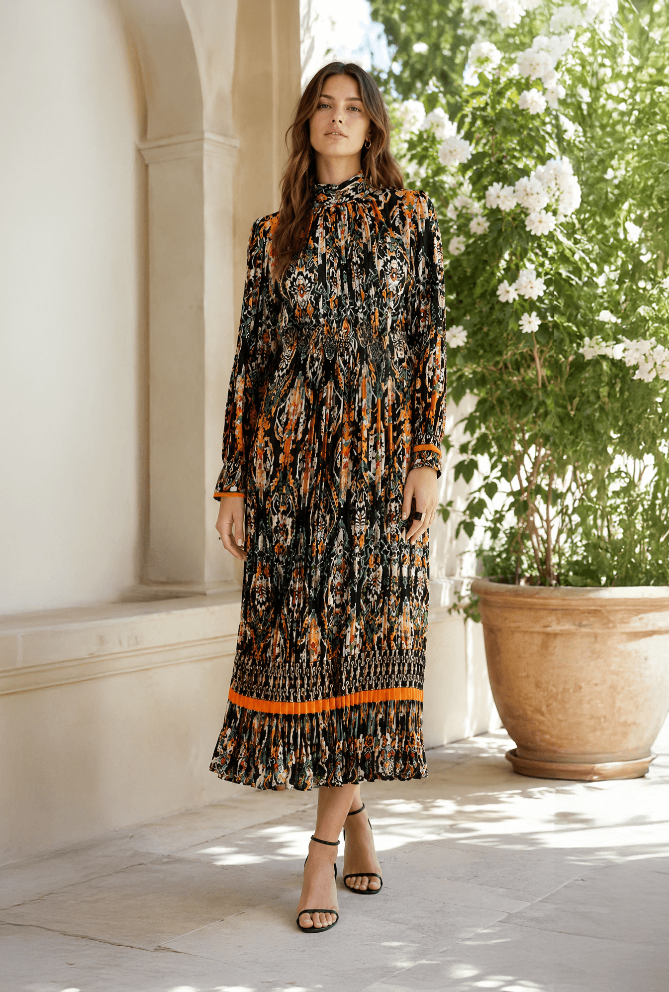 Beulah London Abstract Pleated Long Sleeve Midi Dress
