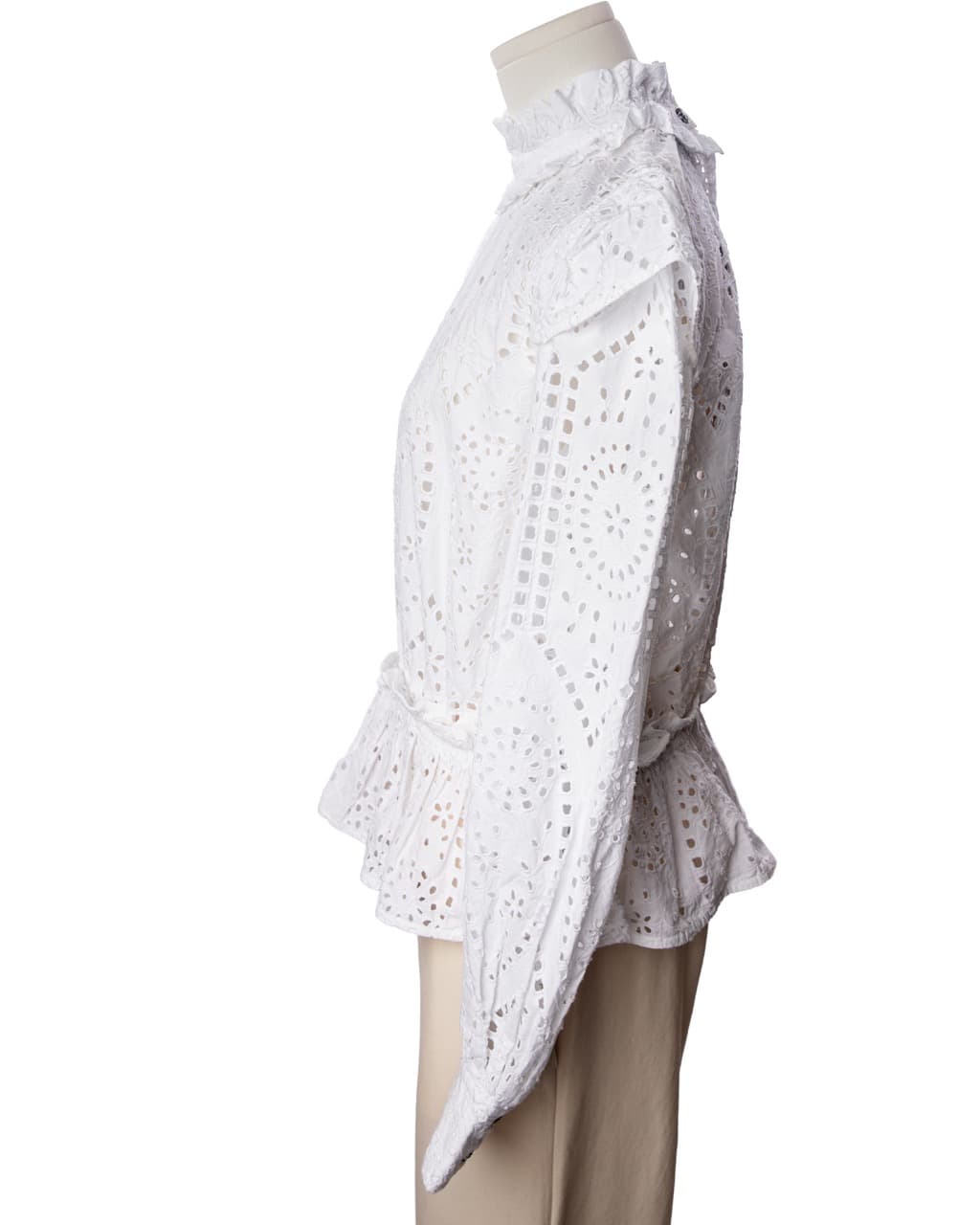 GANNI White Cotton Eyelet Open Back Ruffle Peplum Blouse