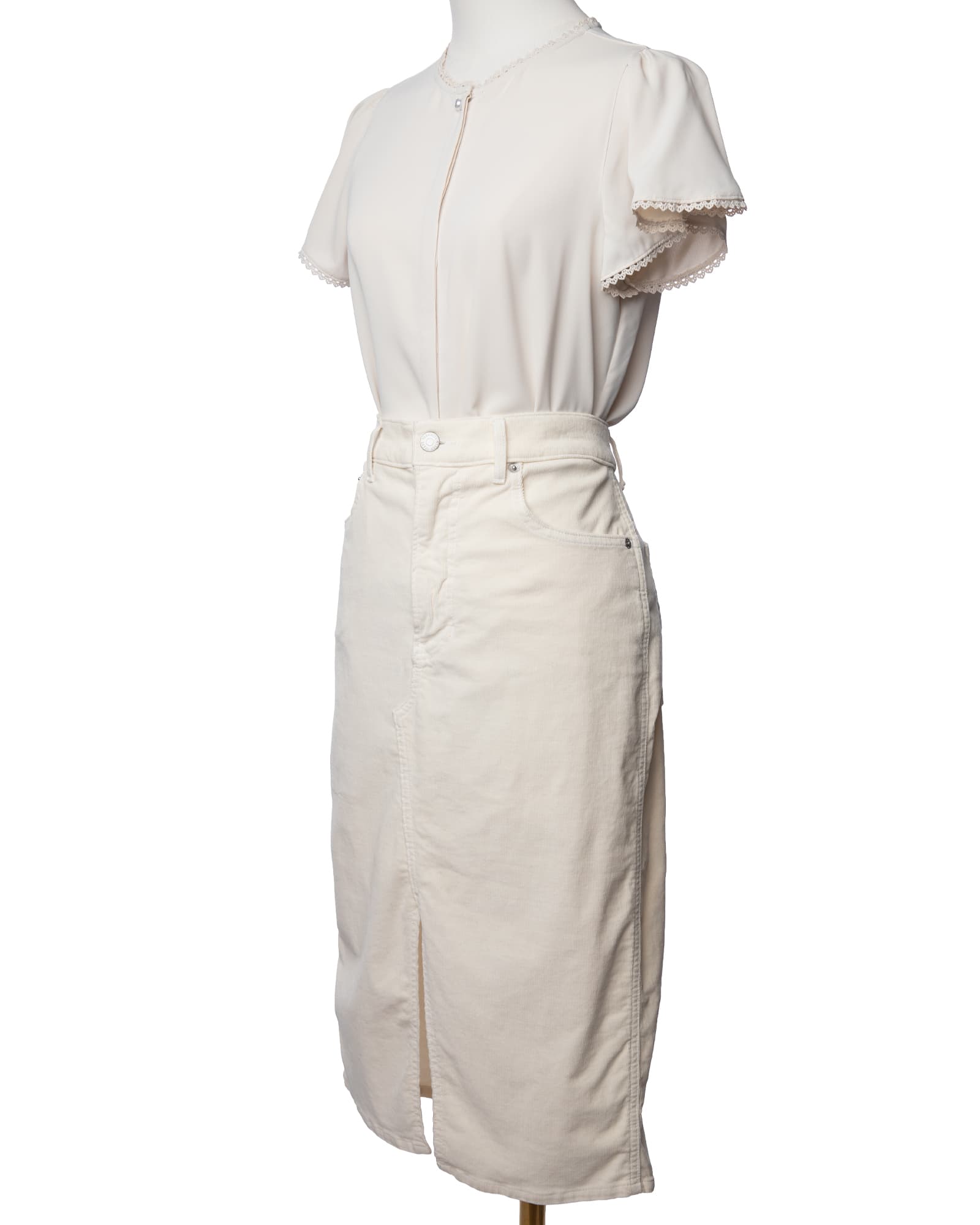 Veronica Beard Ivory Corduroy Front-Slit Pencil Skirt