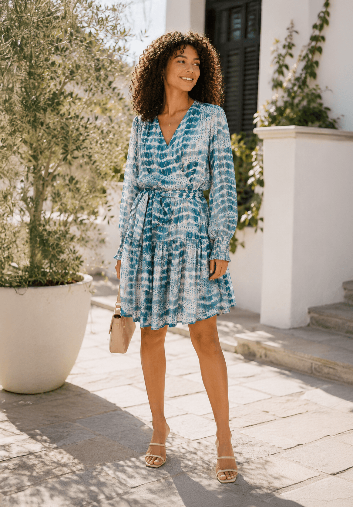 Suncoo Paris Metallic Tie-Dye Wrap Dress | Belted Long Sleeve