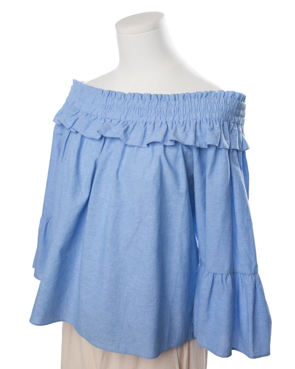 MISA Los Angeles Alma Off-the-Shoulder Ruffle Top in Denim Blue