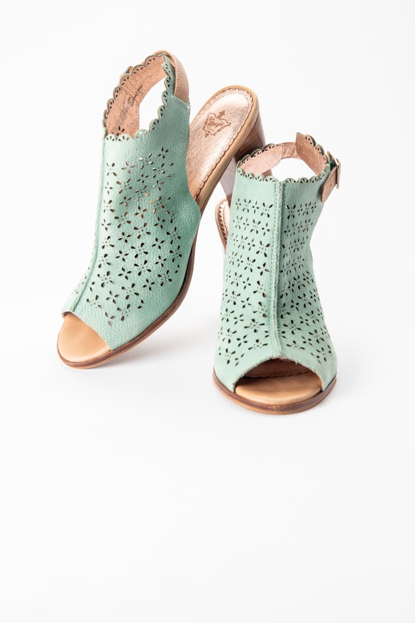 Miss Albright Mint Laser-Cut Leather Peep-Toe Block Heel Sandals