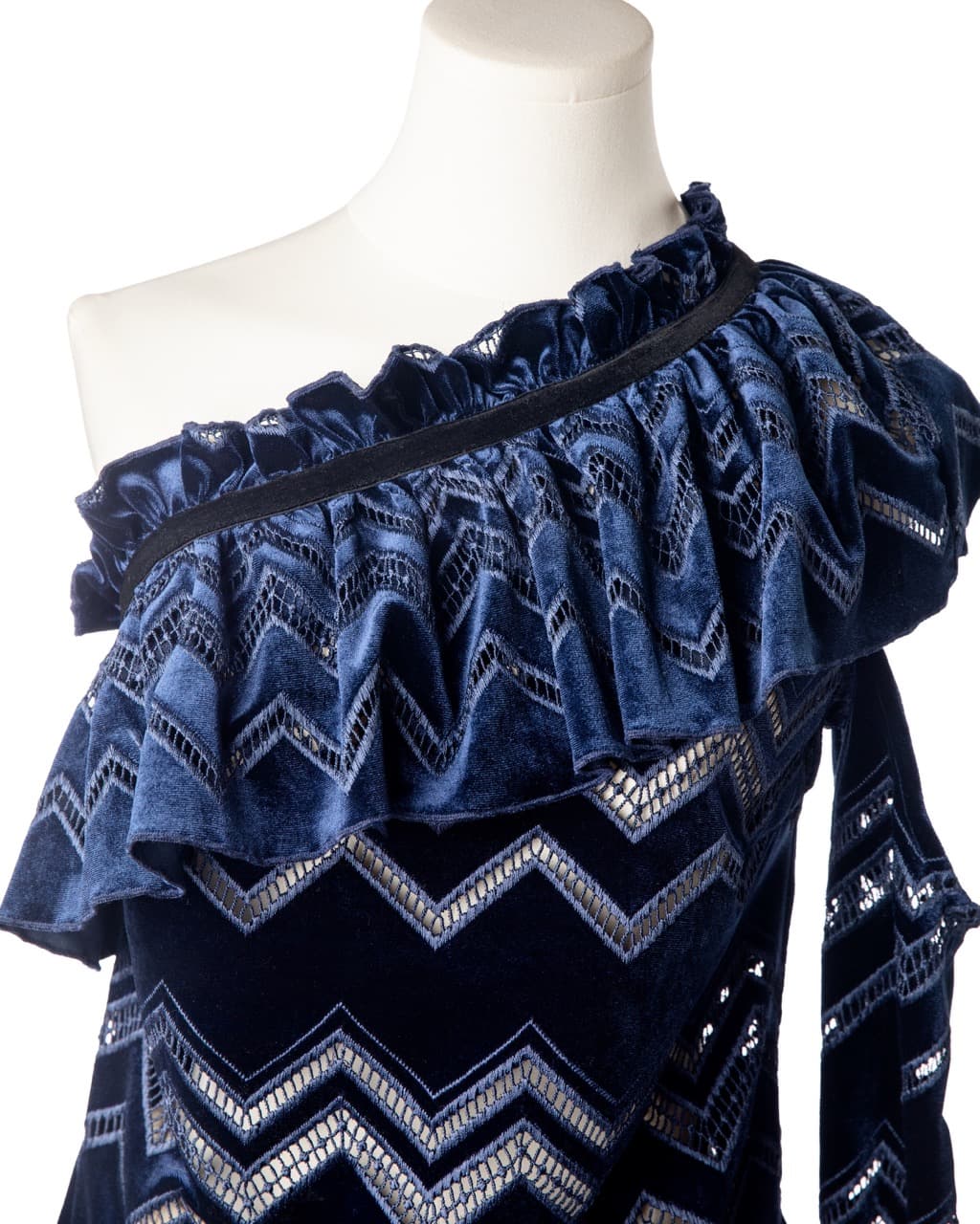 Self-Portrait One-Shoulder Velvet Zigzag Lace Blouse