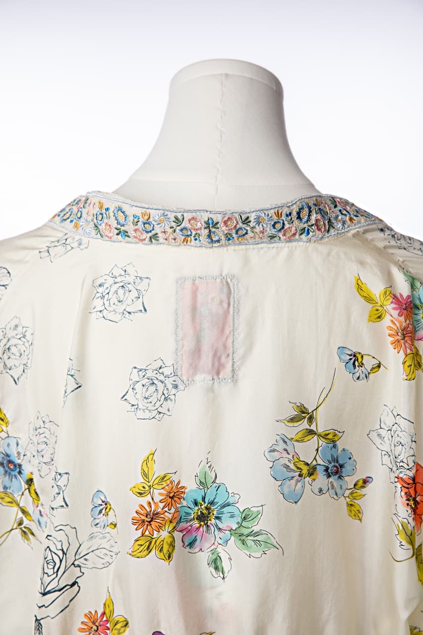 Johnny Was Silk Floral Embroidered V-Neck Tunic Blouse