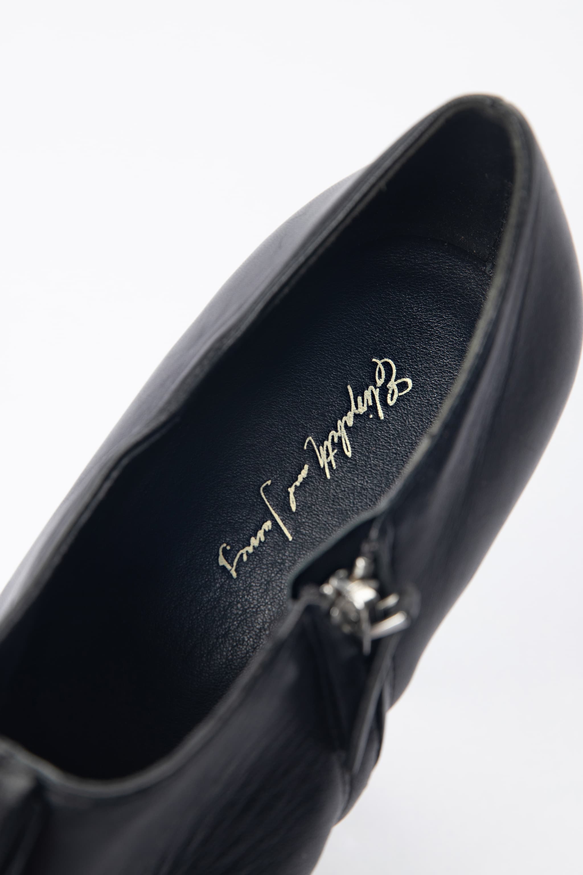Elizabeth and James Black Leather Ruffle Peep-Toe Booties