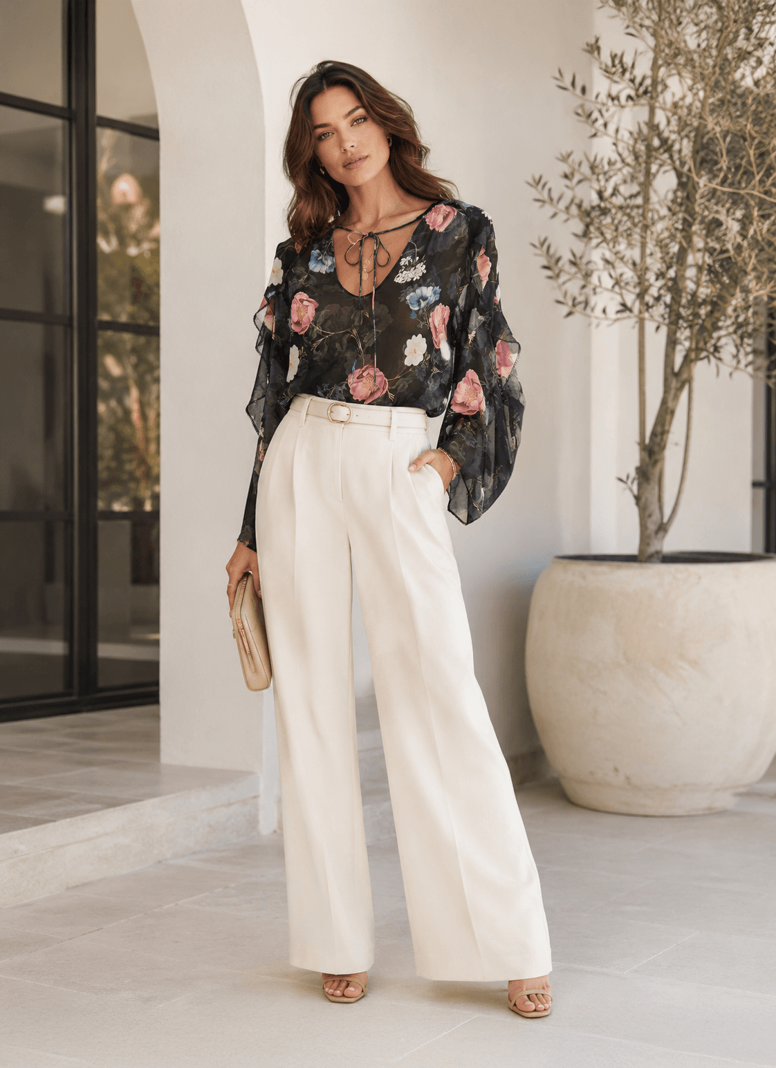 Nicholas Australia Black Floral Semi-Sheer Ruffle Sleeve Blouse