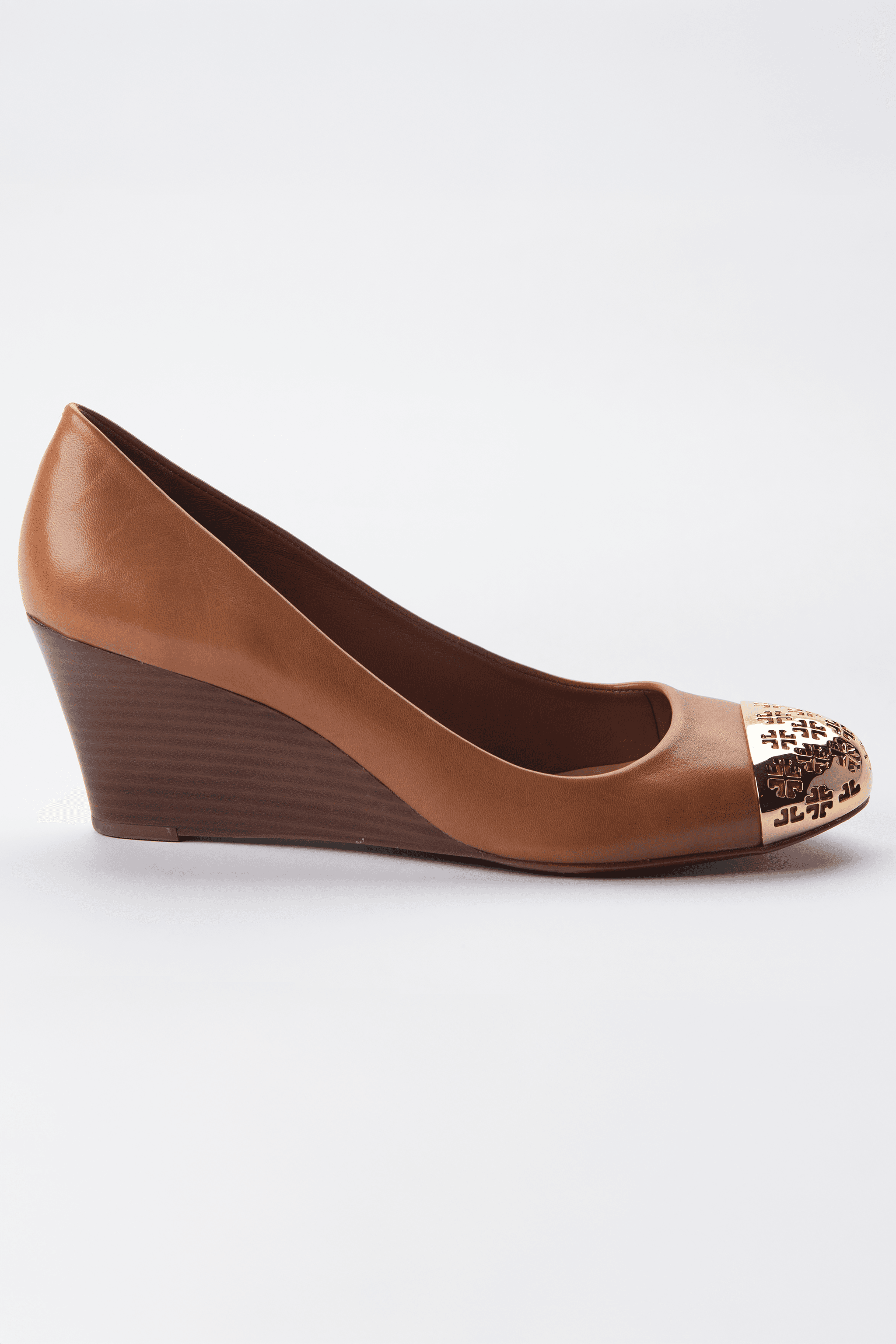 Tory Burch Cognac Leather Gold Cap-Toe Wedges