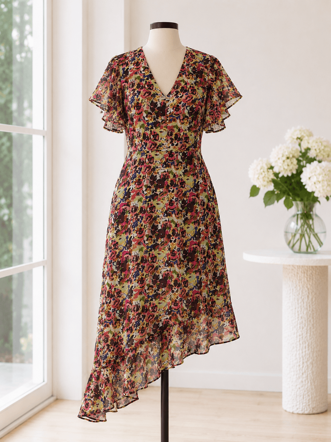 Lewit Garden Mosaic Asymmetrical Midi Dress