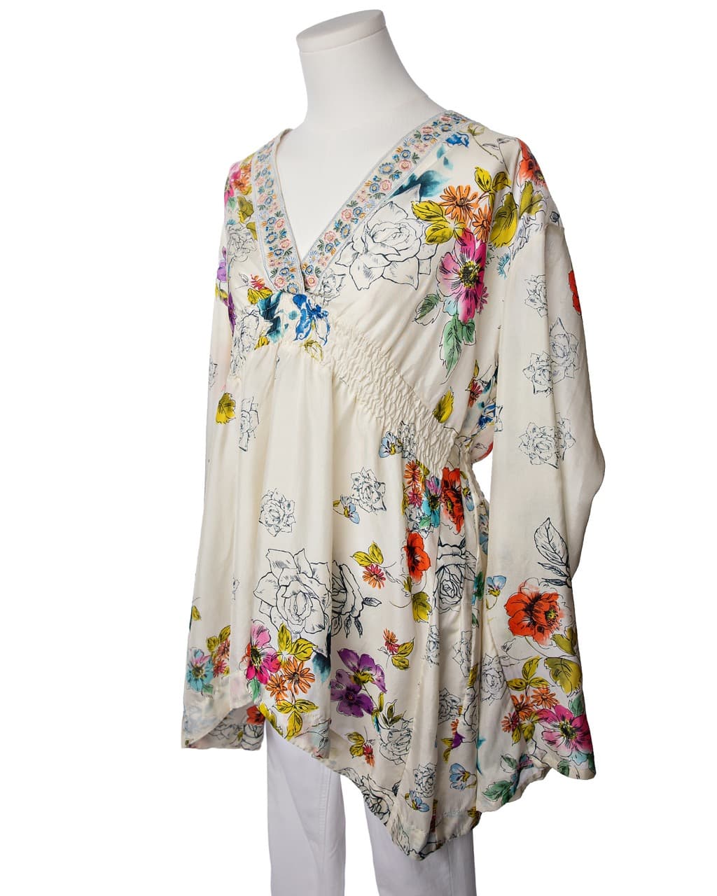 Johnny Was Silk Floral Embroidered V-Neck Tunic Blouse