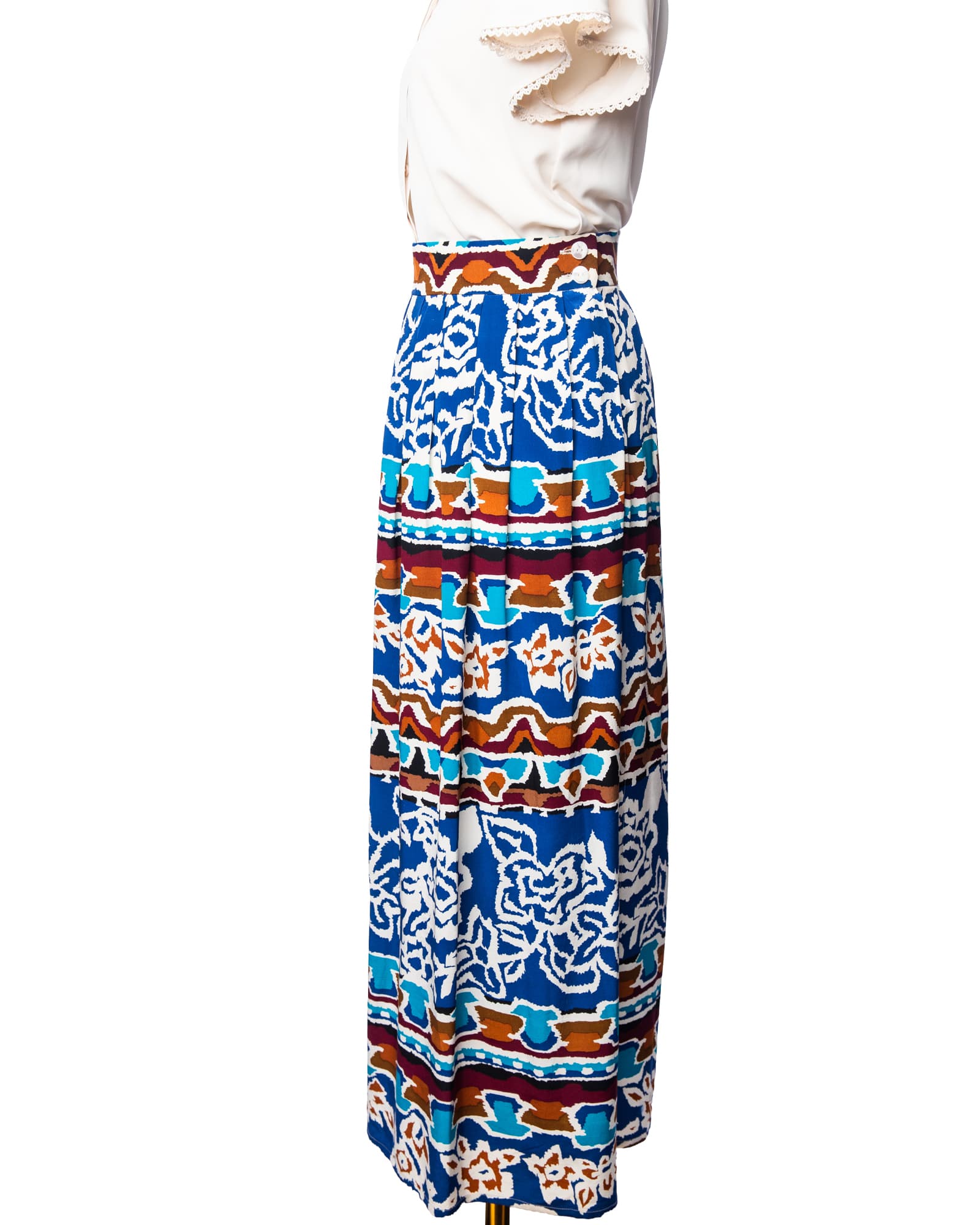 Alfred Sung Cobalt Mosaic Silk Pleated Maxi Skirt