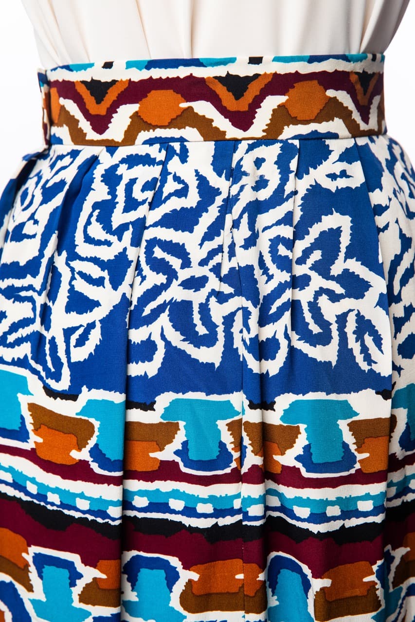 Alfred Sung Cobalt Mosaic Silk Pleated Maxi Skirt
