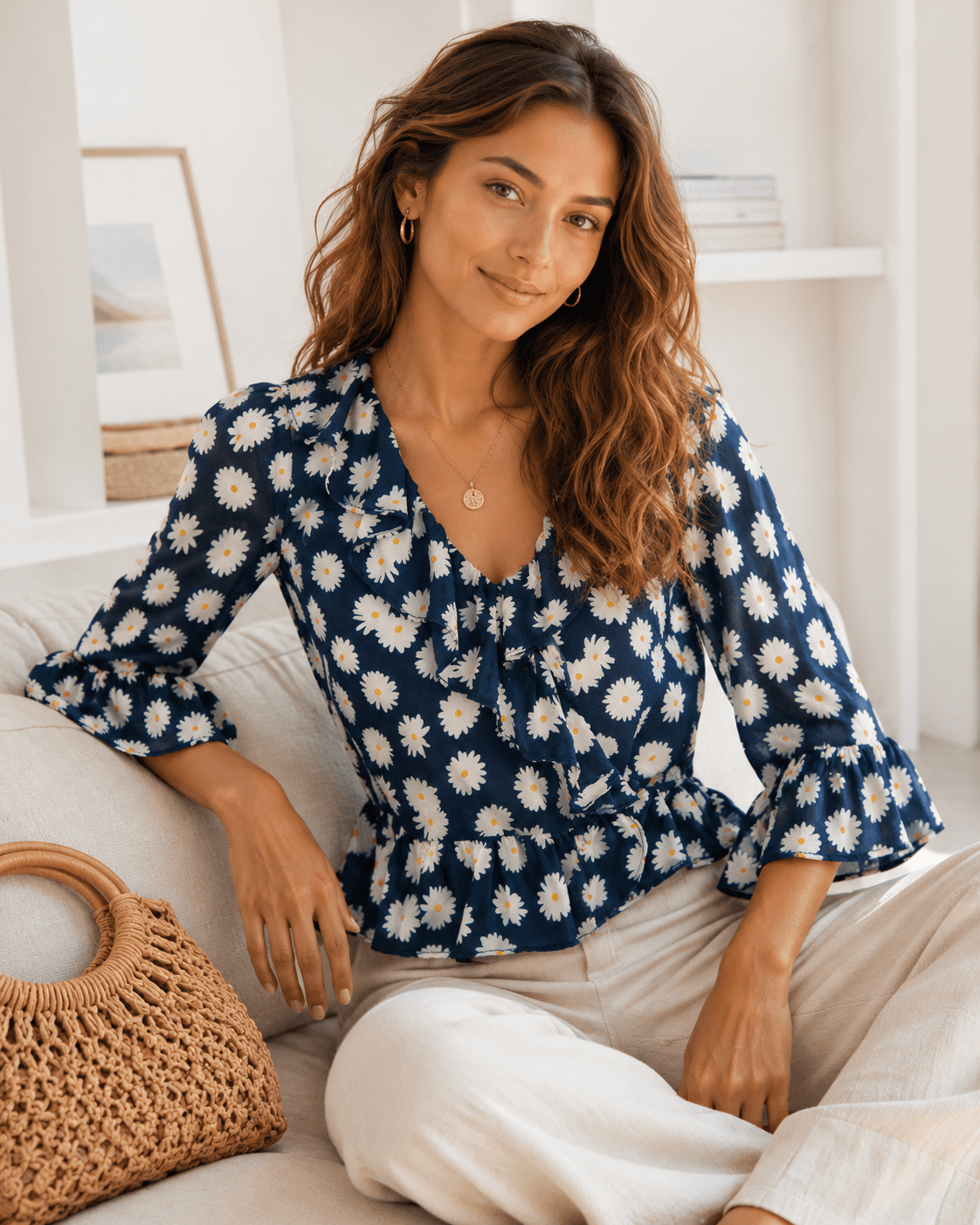 Réalisation Par Navy Daisy Print Silk Ruffle Wrap Blouse