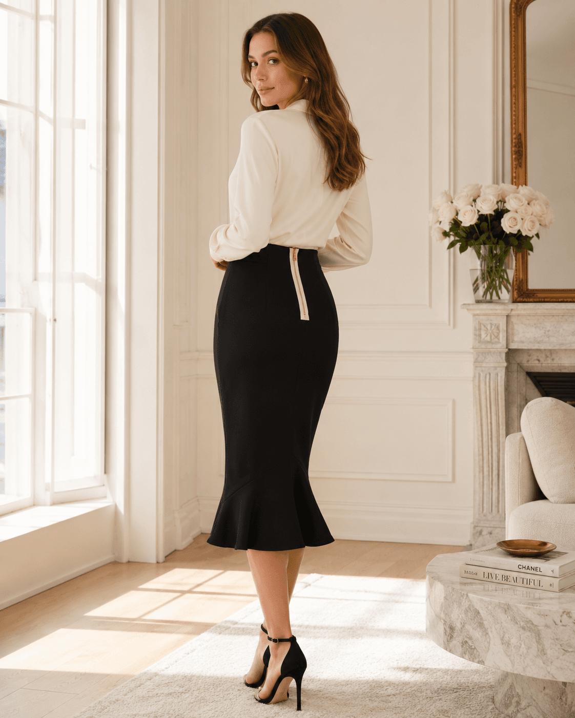 L’Agence Black Contrast-Zip Mermaid Midi Skirt