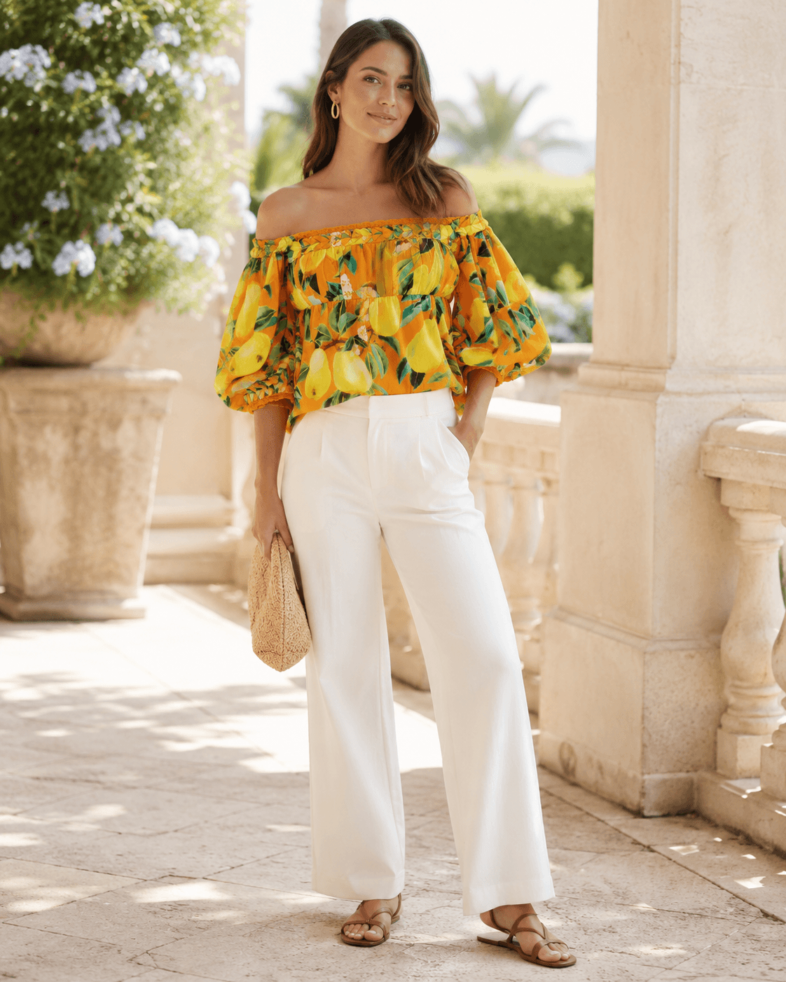 Farm Rio Pear Print Off-Shoulder Cotton Top