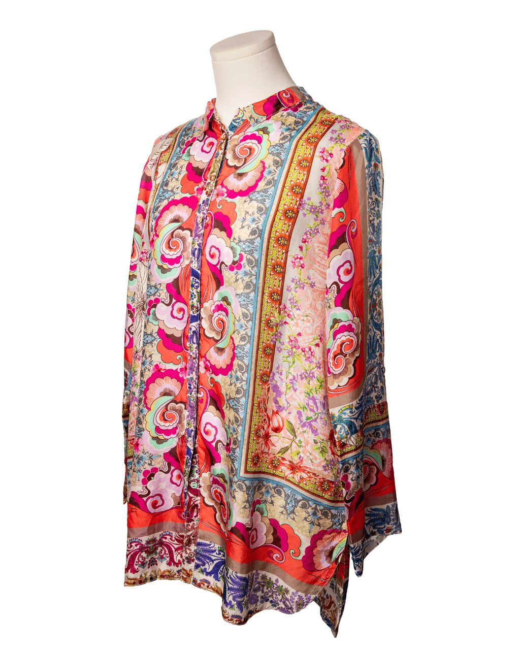 Johnny Was NWT 100% Silk Mixed Print Button-Front Blouse
