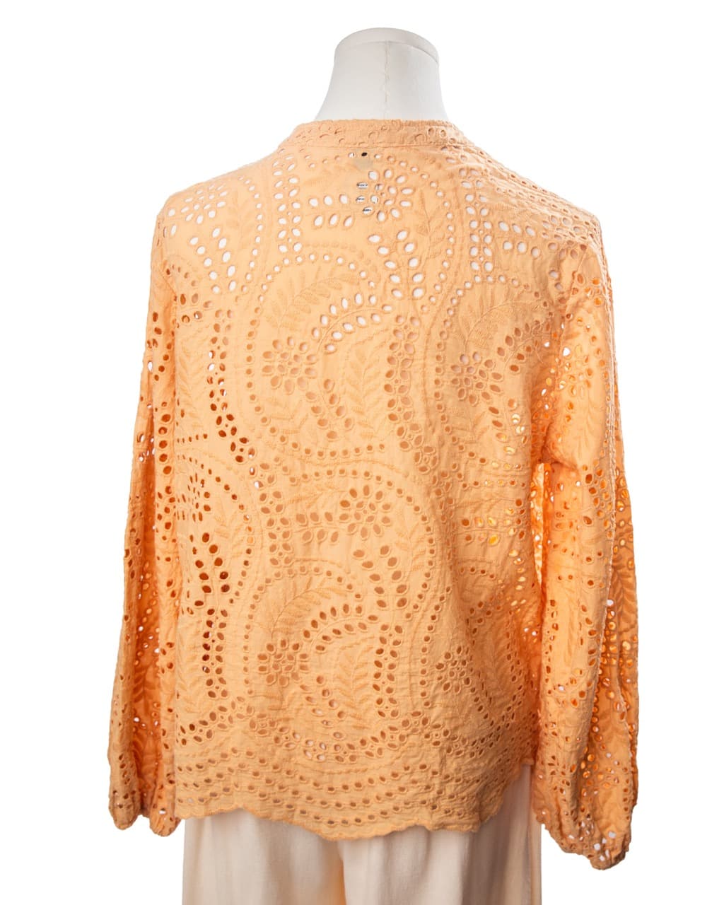 Joie Apricot Cotton Eyelet Button-Front Balloon-Sleeve Scalloped-Hem Blouse