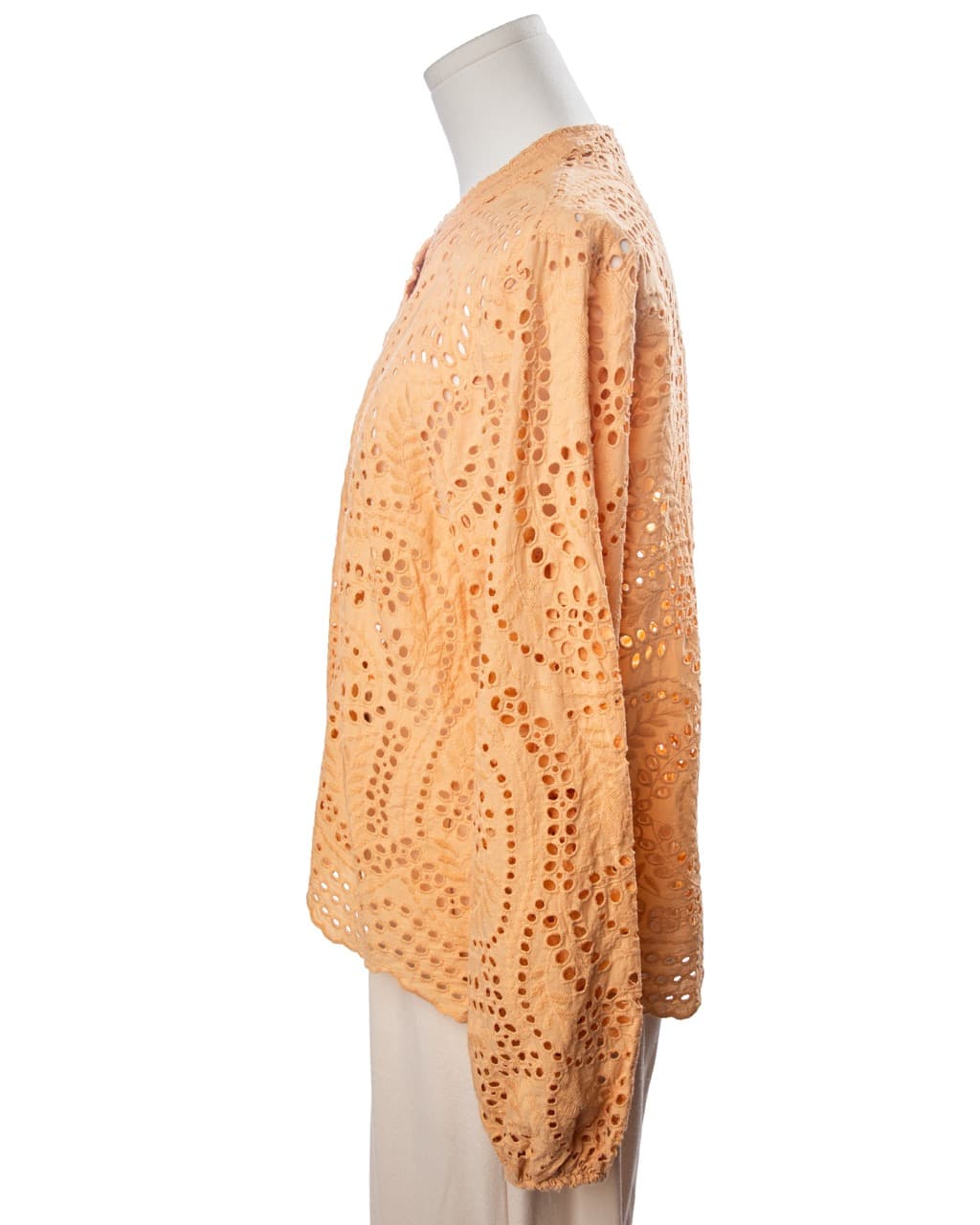 Joie Apricot Cotton Eyelet Button-Front Balloon-Sleeve Scalloped-Hem Blouse