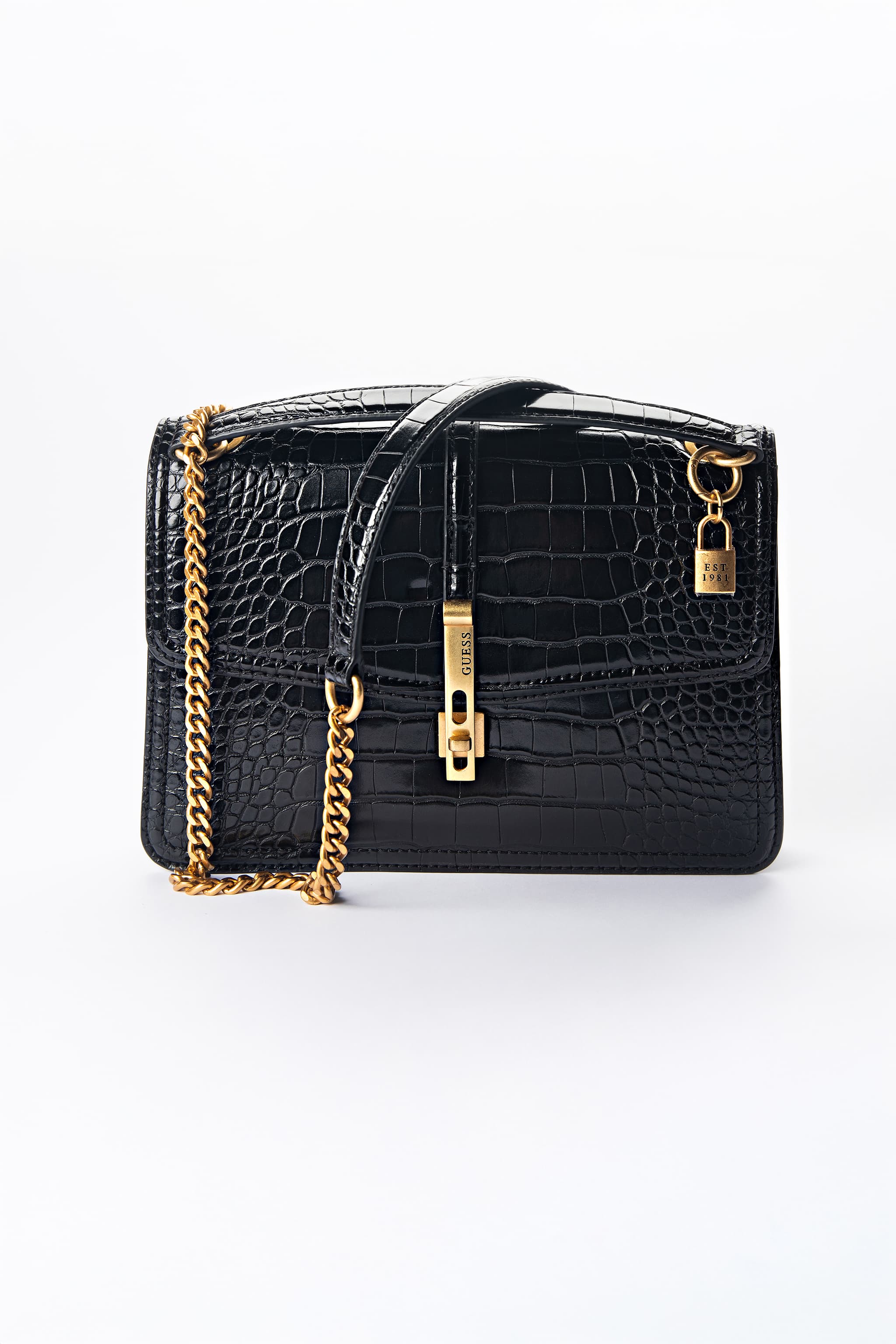 GUESS Black Croc-Embossed Chain Crossbody Bag