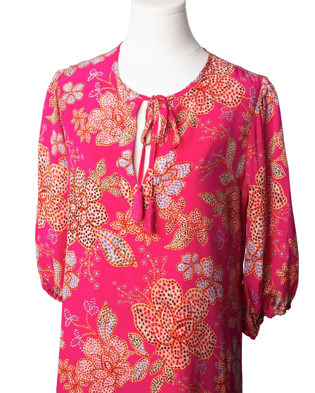 Johnny Was Fuchsia Floral Silk Tassel Shift Dress