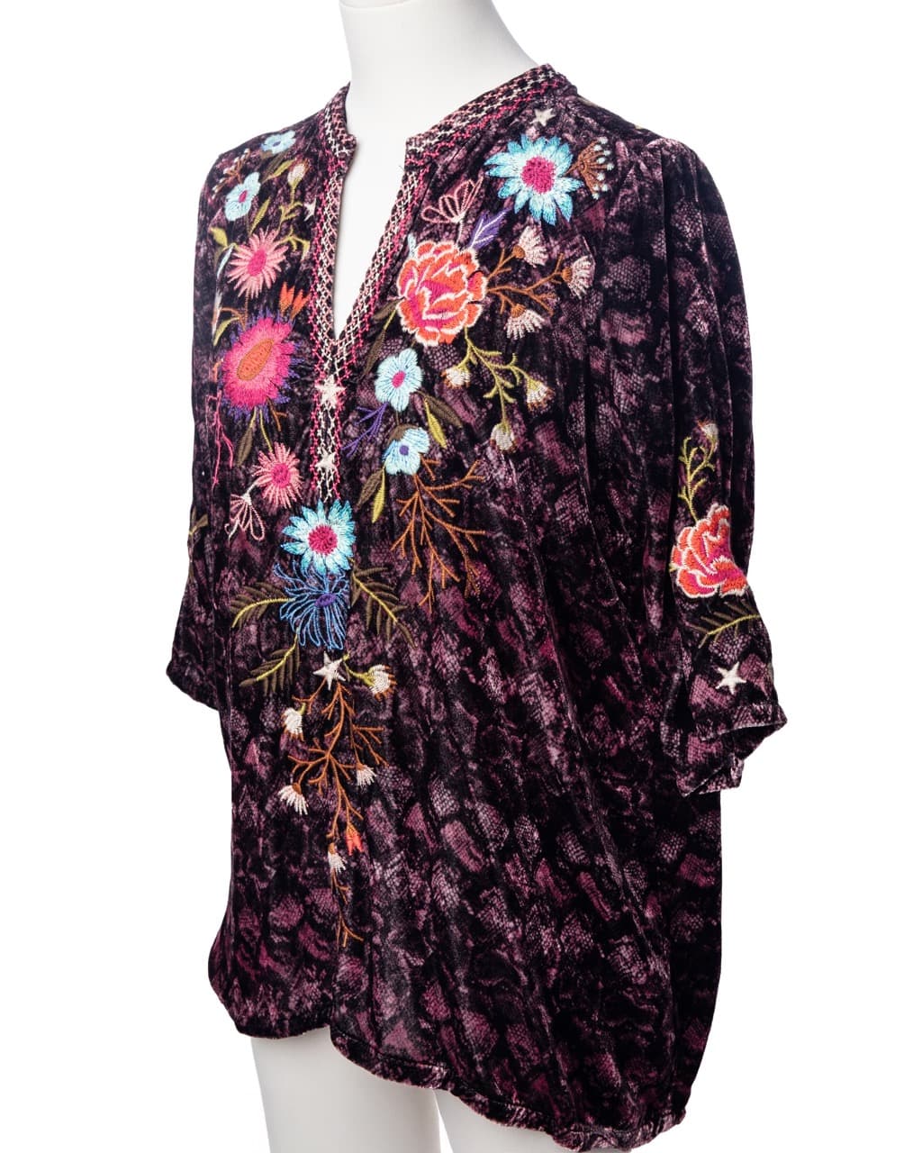 Johnny Was Plum Velvet Embroidered Floral Blouse