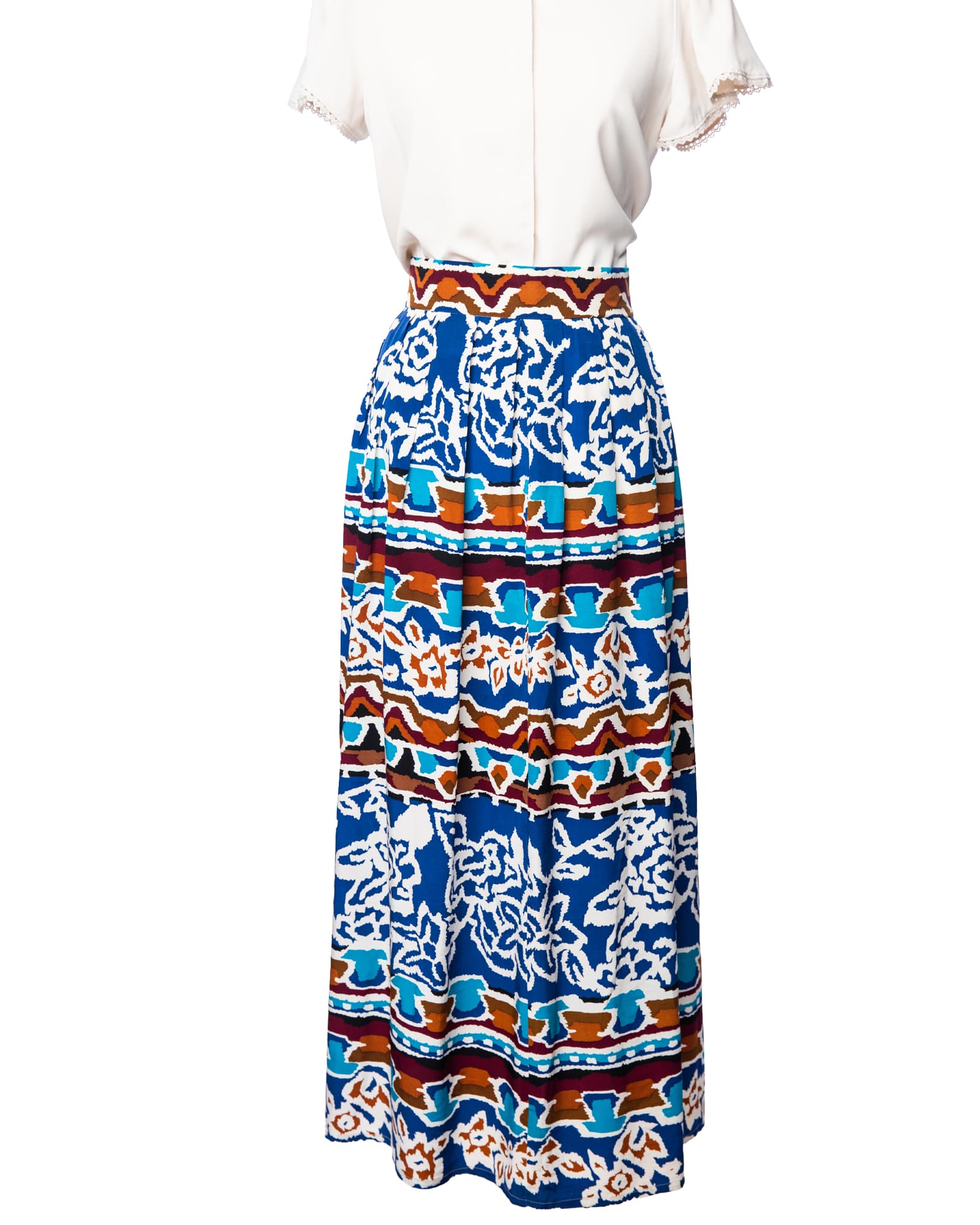 Alfred Sung Cobalt Mosaic Silk Pleated Maxi Skirt