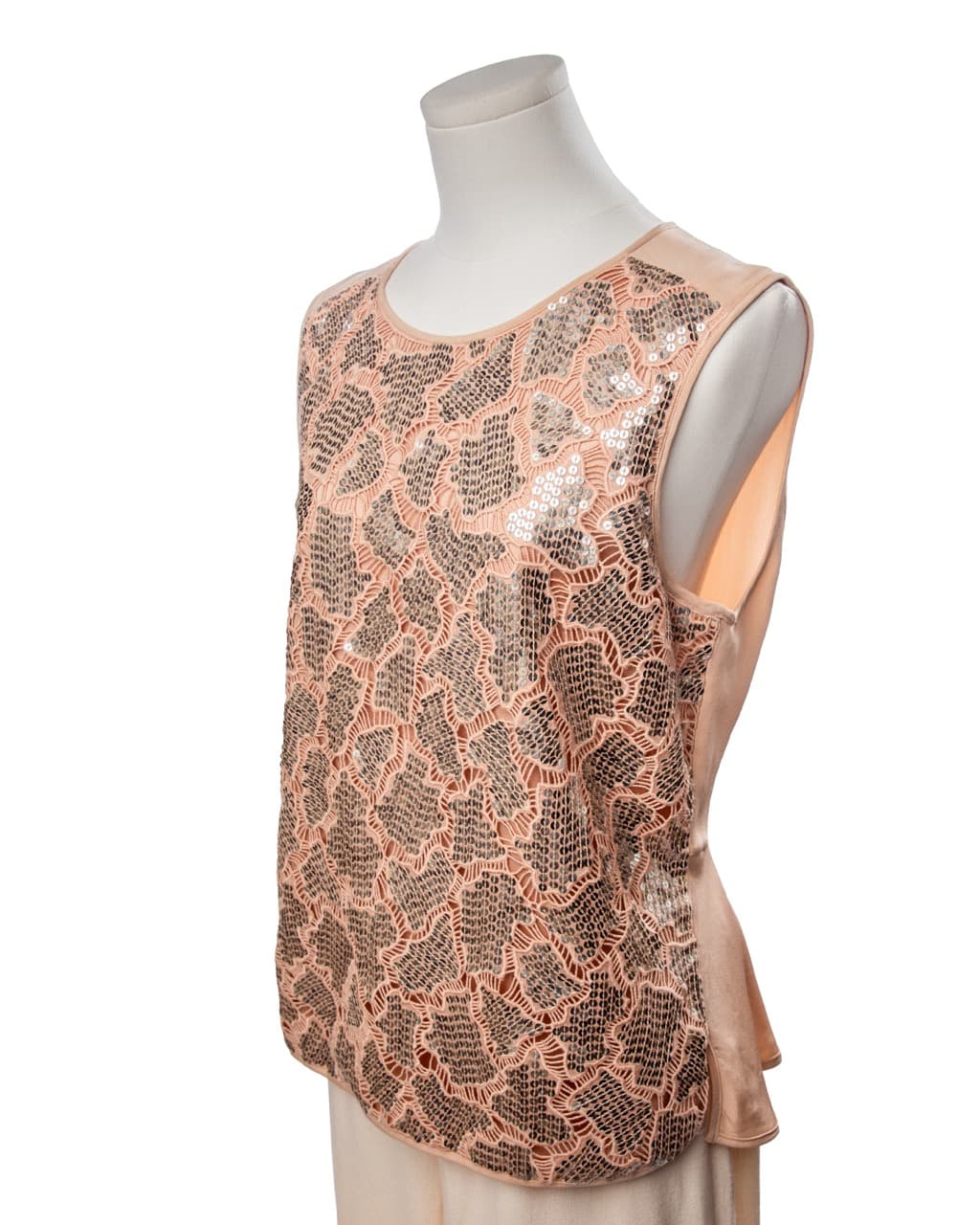Rebecca Taylor Blush Nude Silver Sequin Cotton Silk Peplum Top