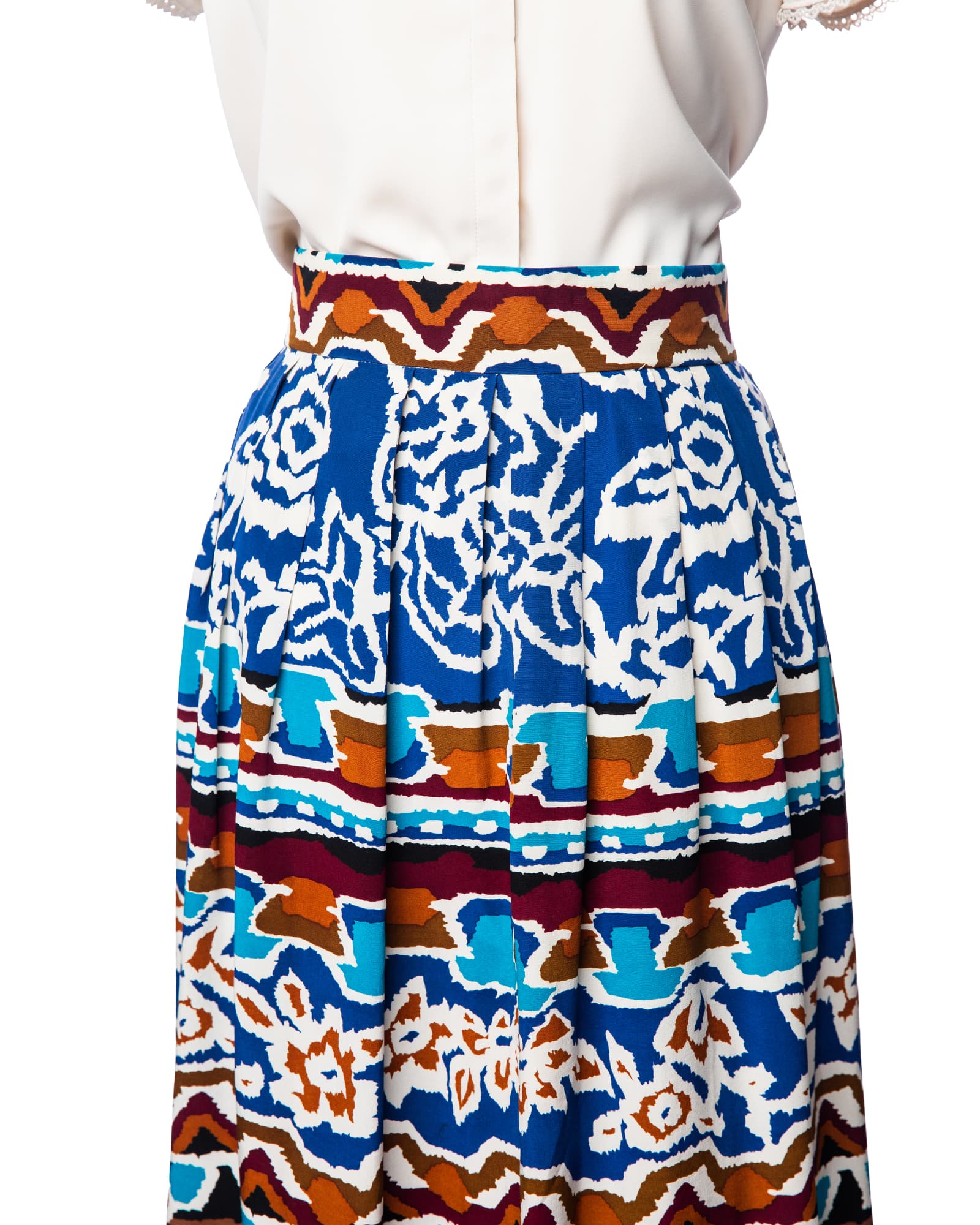 Alfred Sung Cobalt Mosaic Silk Pleated Maxi Skirt
