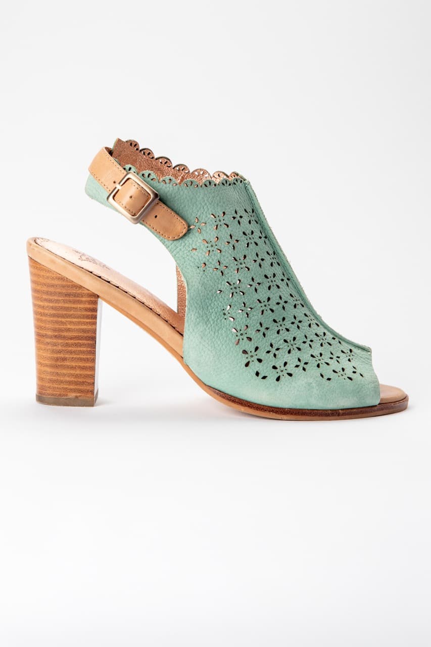 Miss Albright Mint Laser-Cut Leather Peep-Toe Block Heel Sandals
