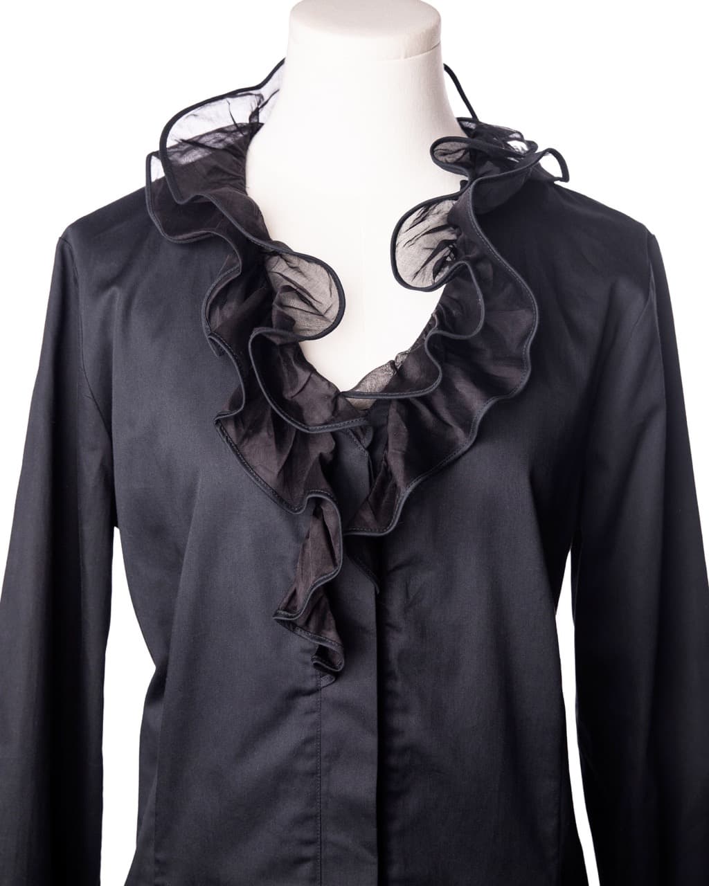 Gorsuch Black Cotton Ruffle Button-Down Blouse | Sheer Organza Trim