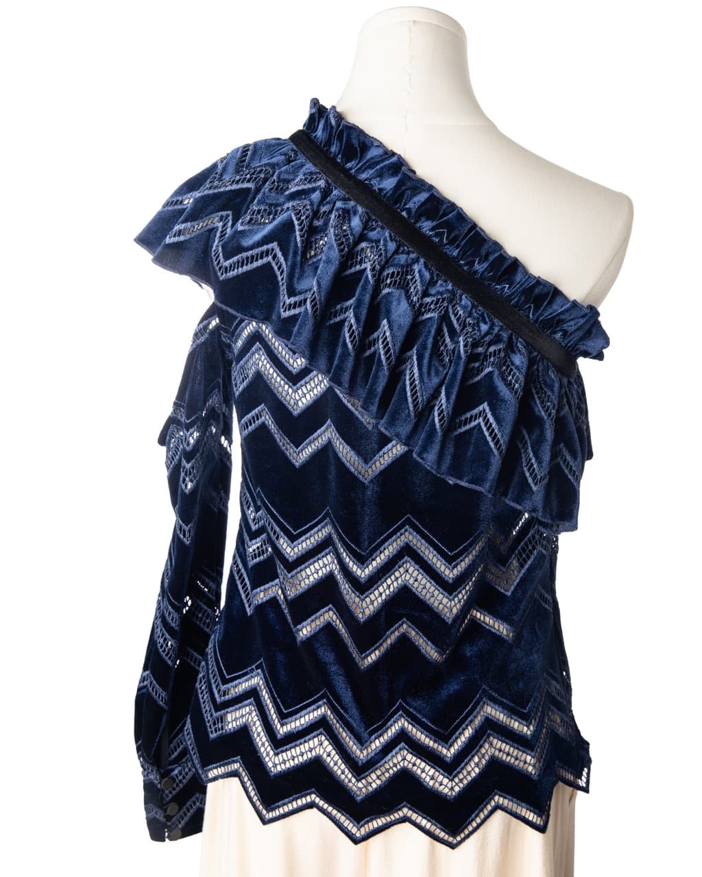 Self-Portrait One-Shoulder Velvet Zigzag Lace Blouse