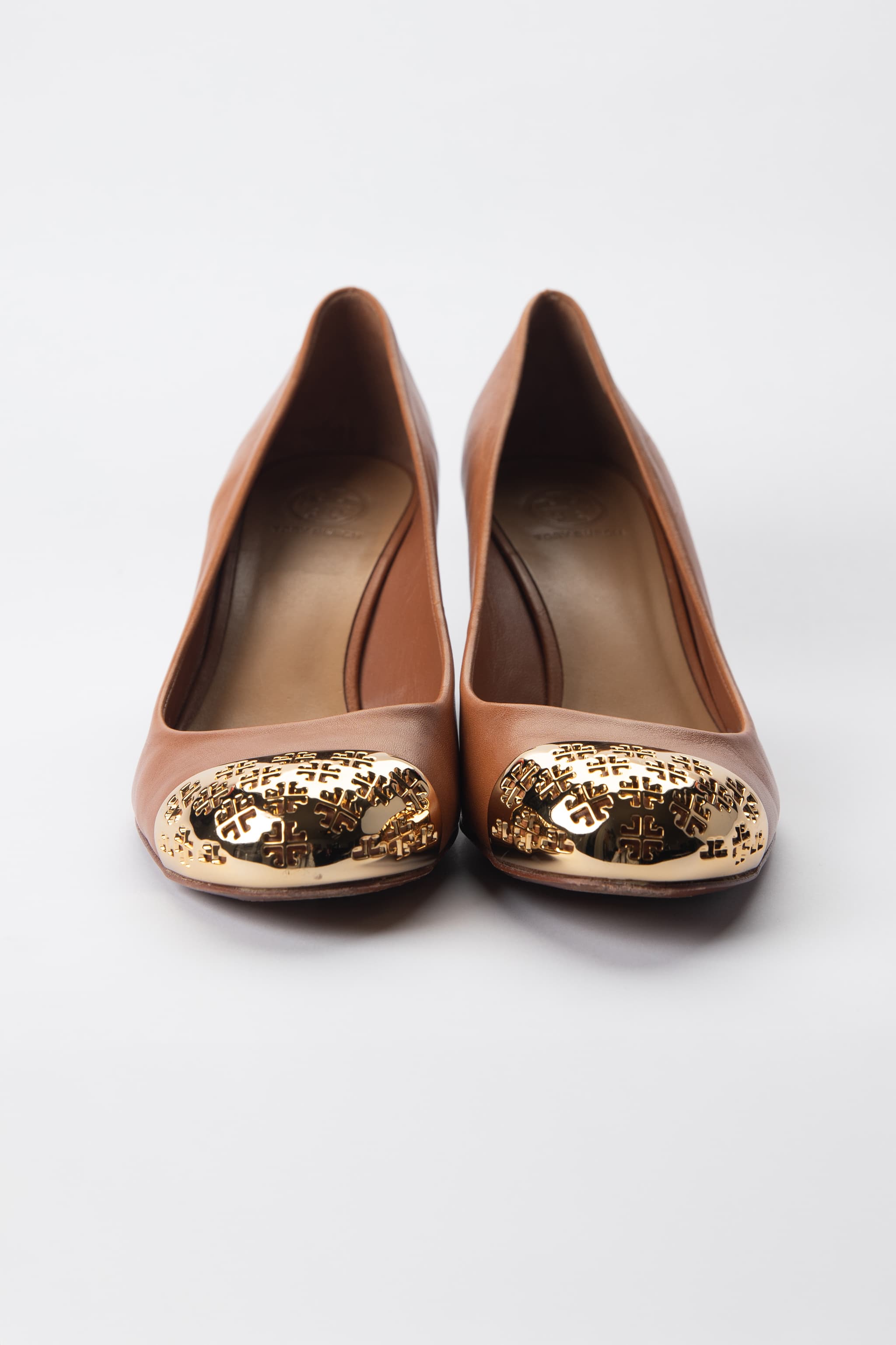 Tory Burch Cognac Leather Gold Cap-Toe Wedges