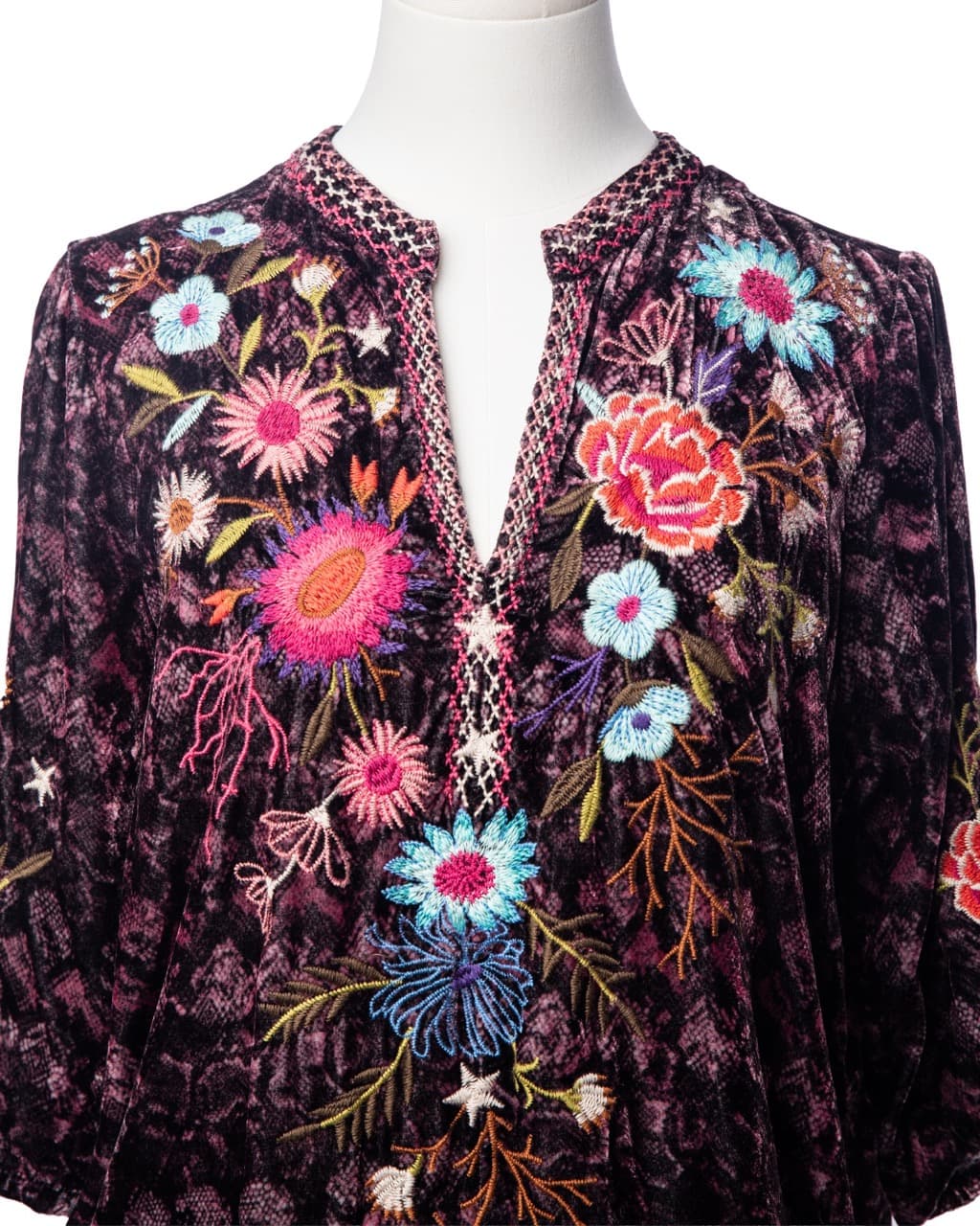 Johnny Was Plum Velvet Embroidered Floral Blouse