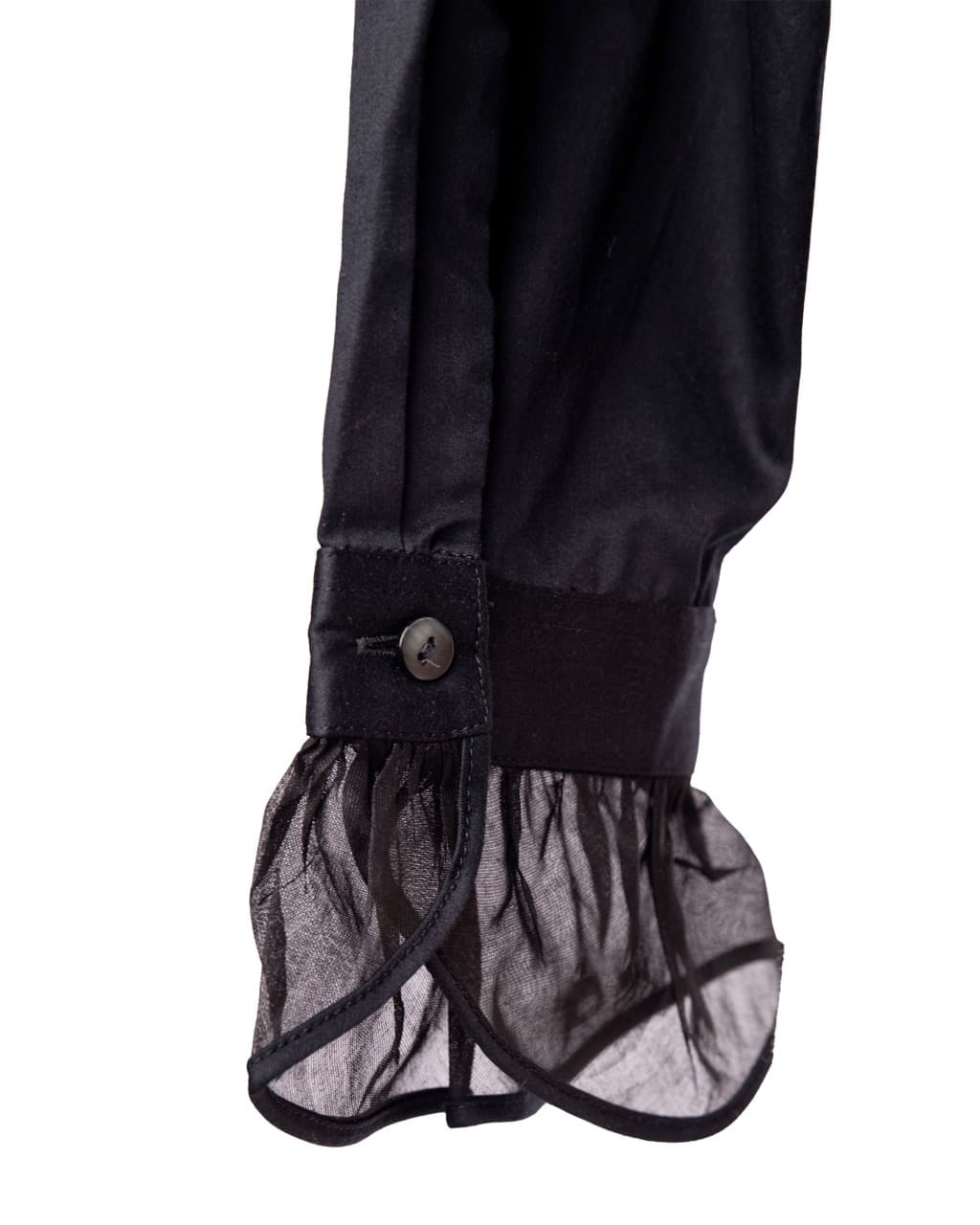 Gorsuch Black Cotton Ruffle Button-Down Blouse | Sheer Organza Trim