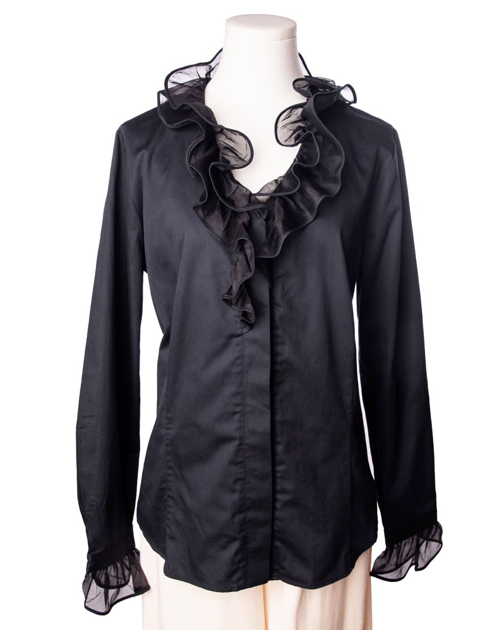 Gorsuch Black Cotton Ruffle Button-Down Blouse | Sheer Organza Trim