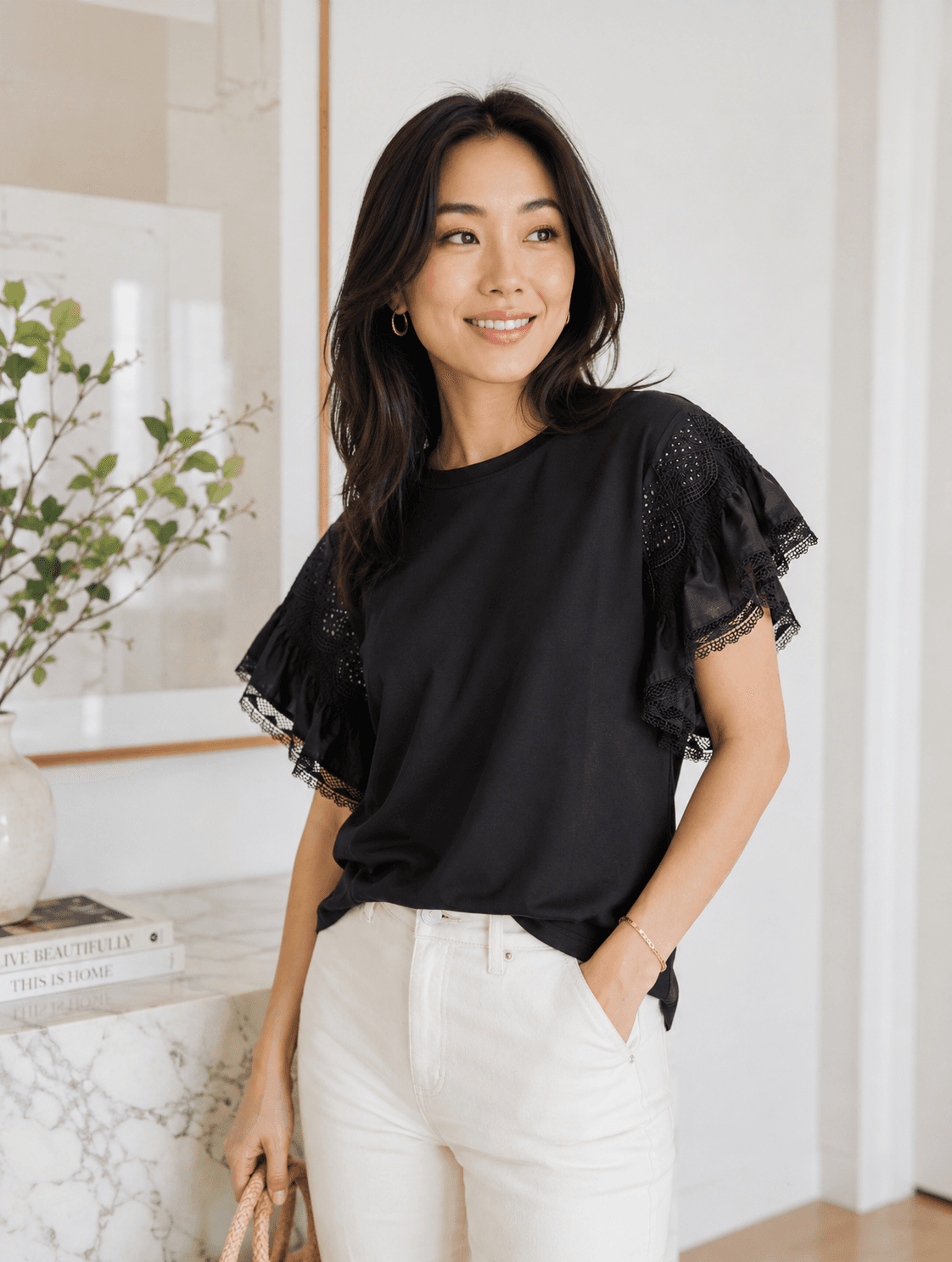 Kobi Halperin Black Embroidered Ruffle Sleeve Cotton Knit Top