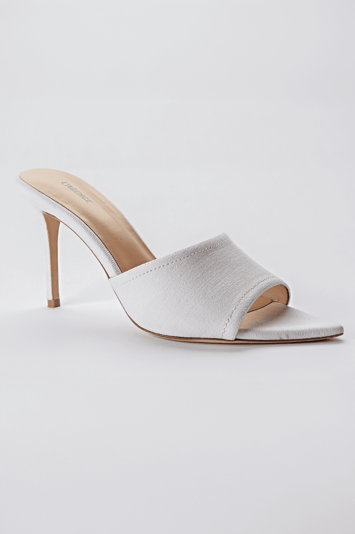 Ivory Satin Pointed Toe Mule Heels
