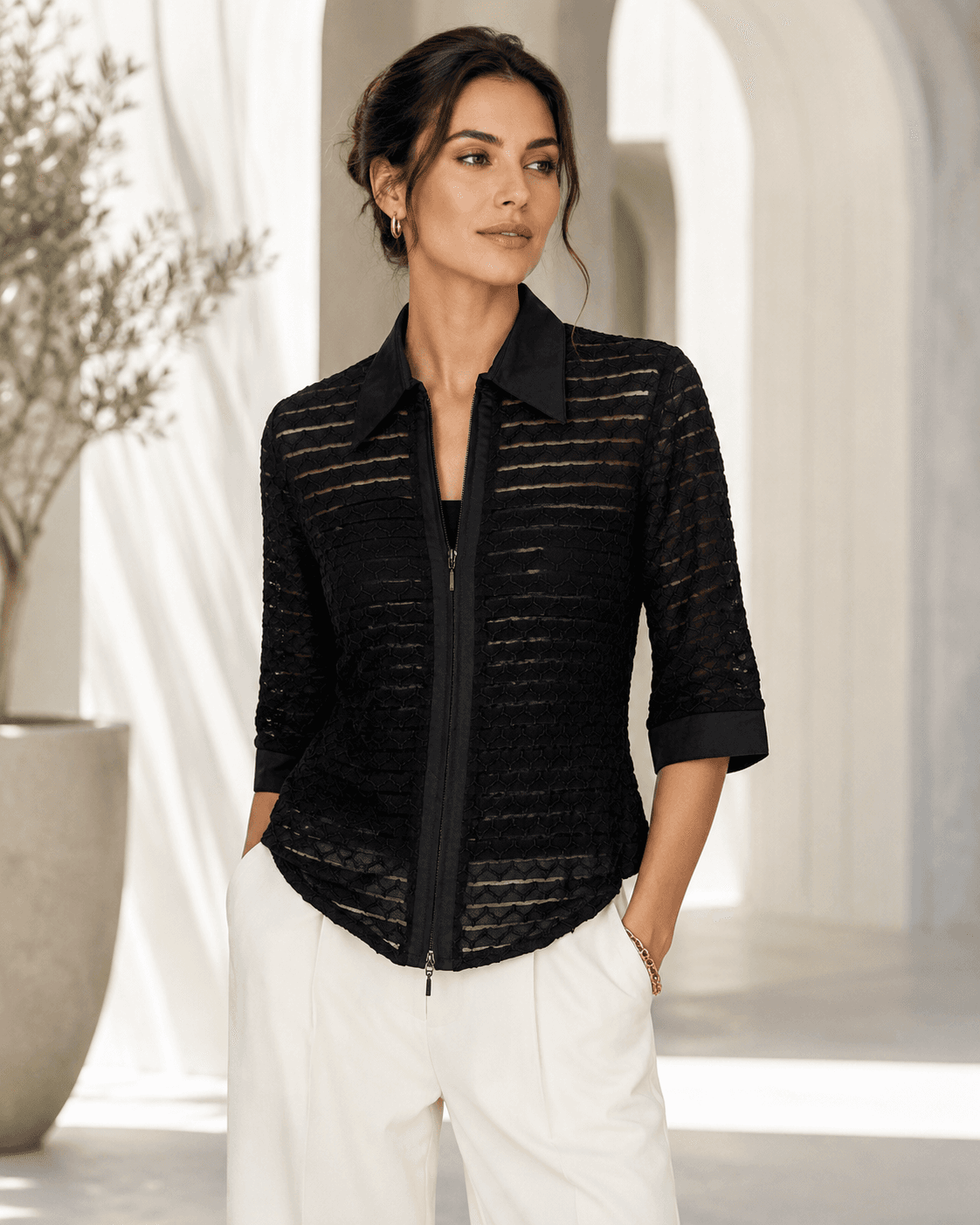 Rayure Paris Noir Semi-Sheer Textured Zip Top